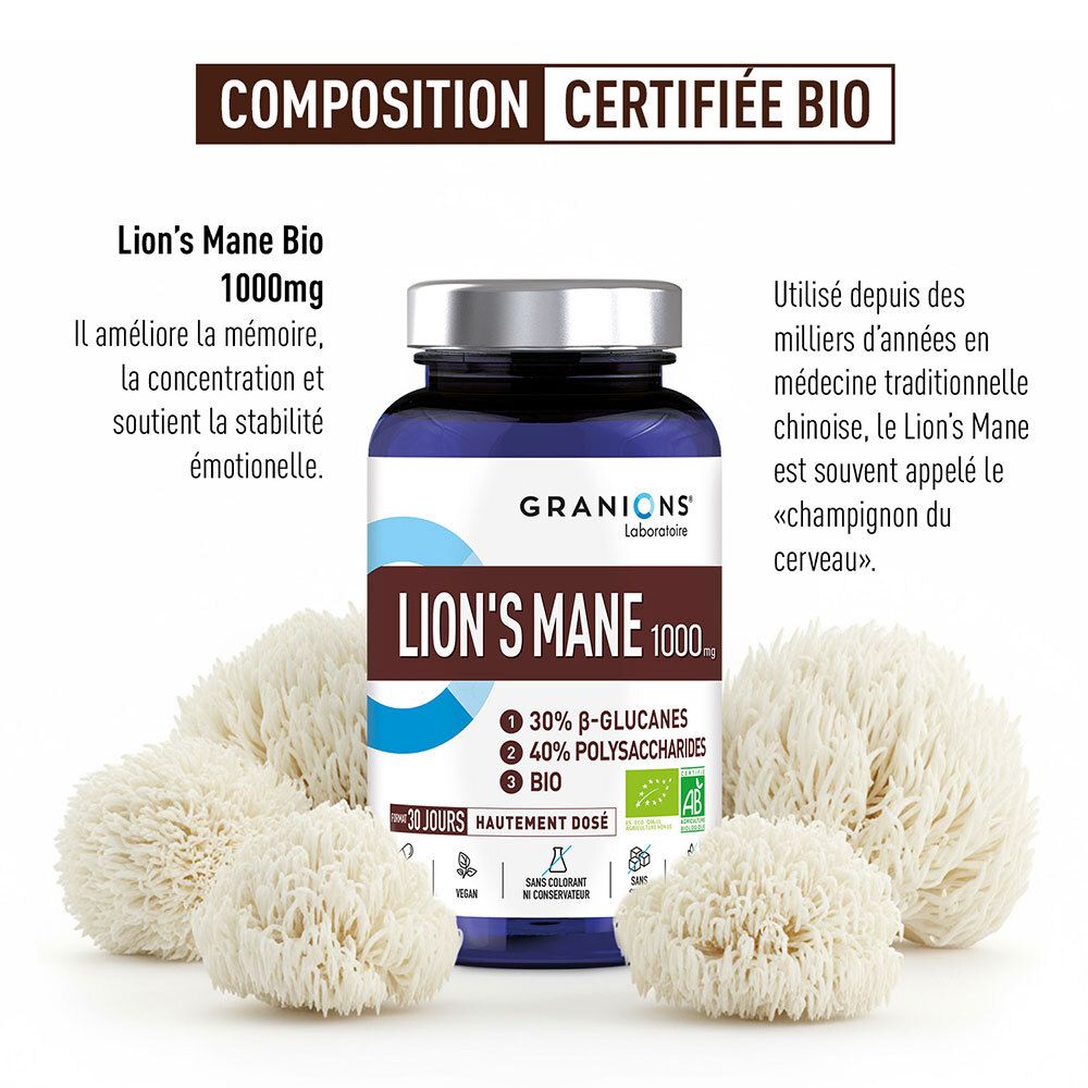 Flacon Lion's Mane entouré de champignons. Texte: Lion's Mane 1000mg, 30% bêta-glucanes, Bio.