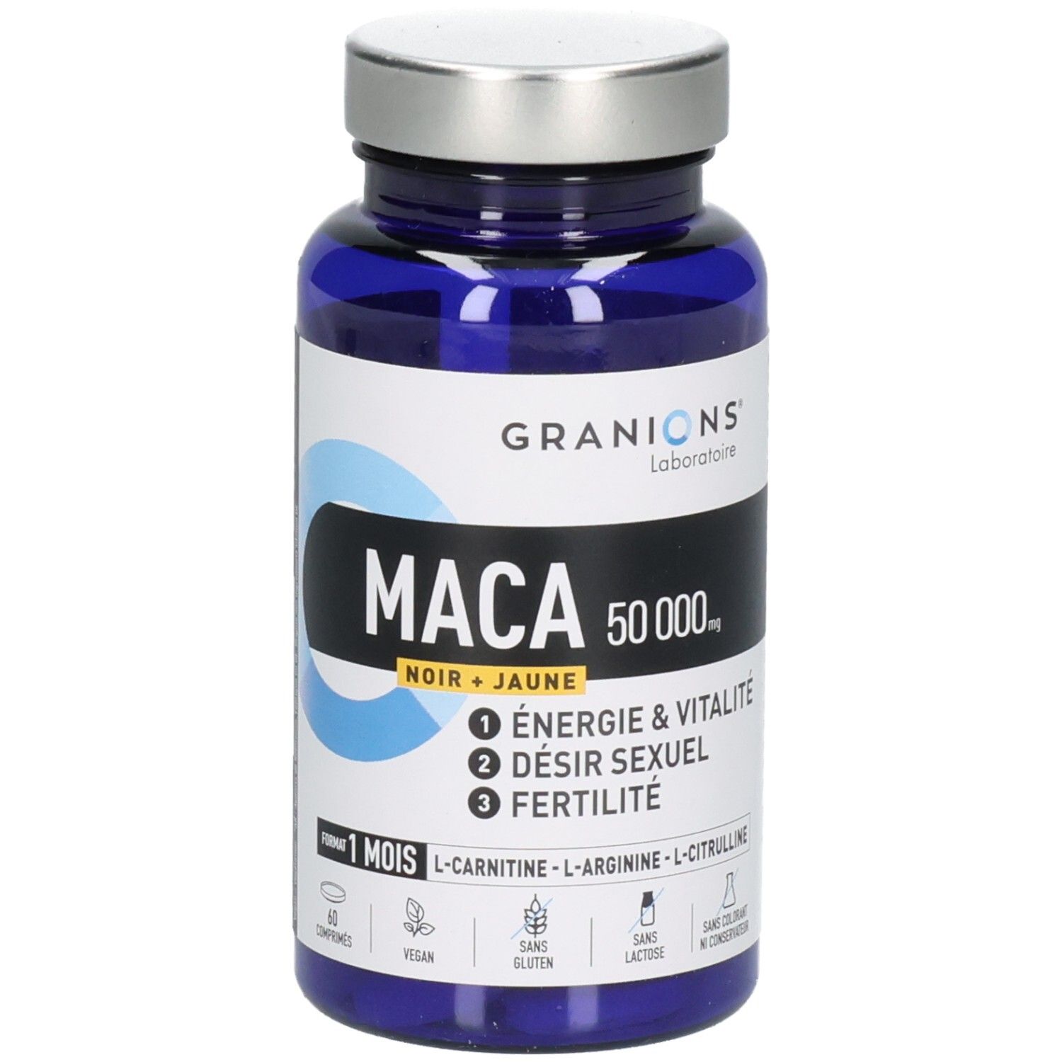 Flacon Granions Maca avec étiquette indiquant Énergie & Vitalité, Désir Sexuel et Fertilité.
