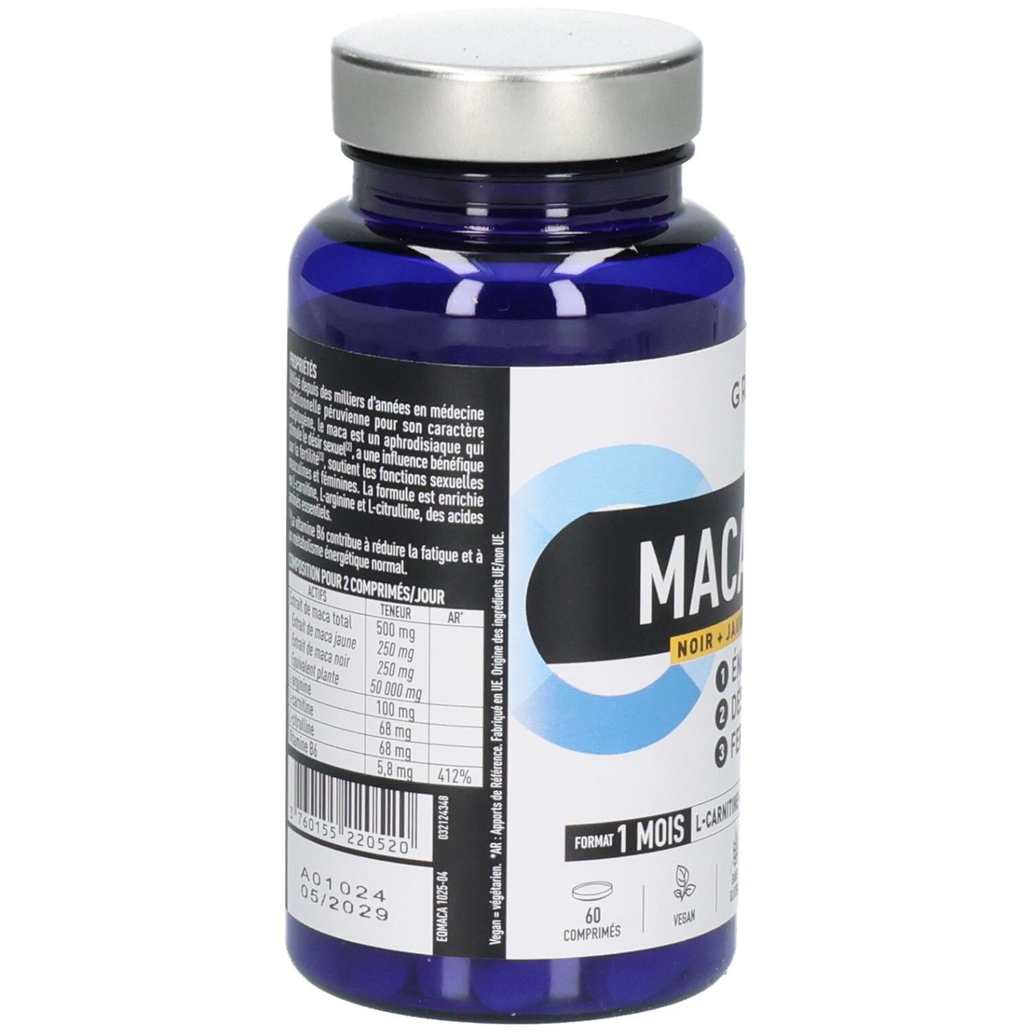 Arrière d'un flacon Granions Maca avec informations détaillées sur le produit et les ingrédients.
