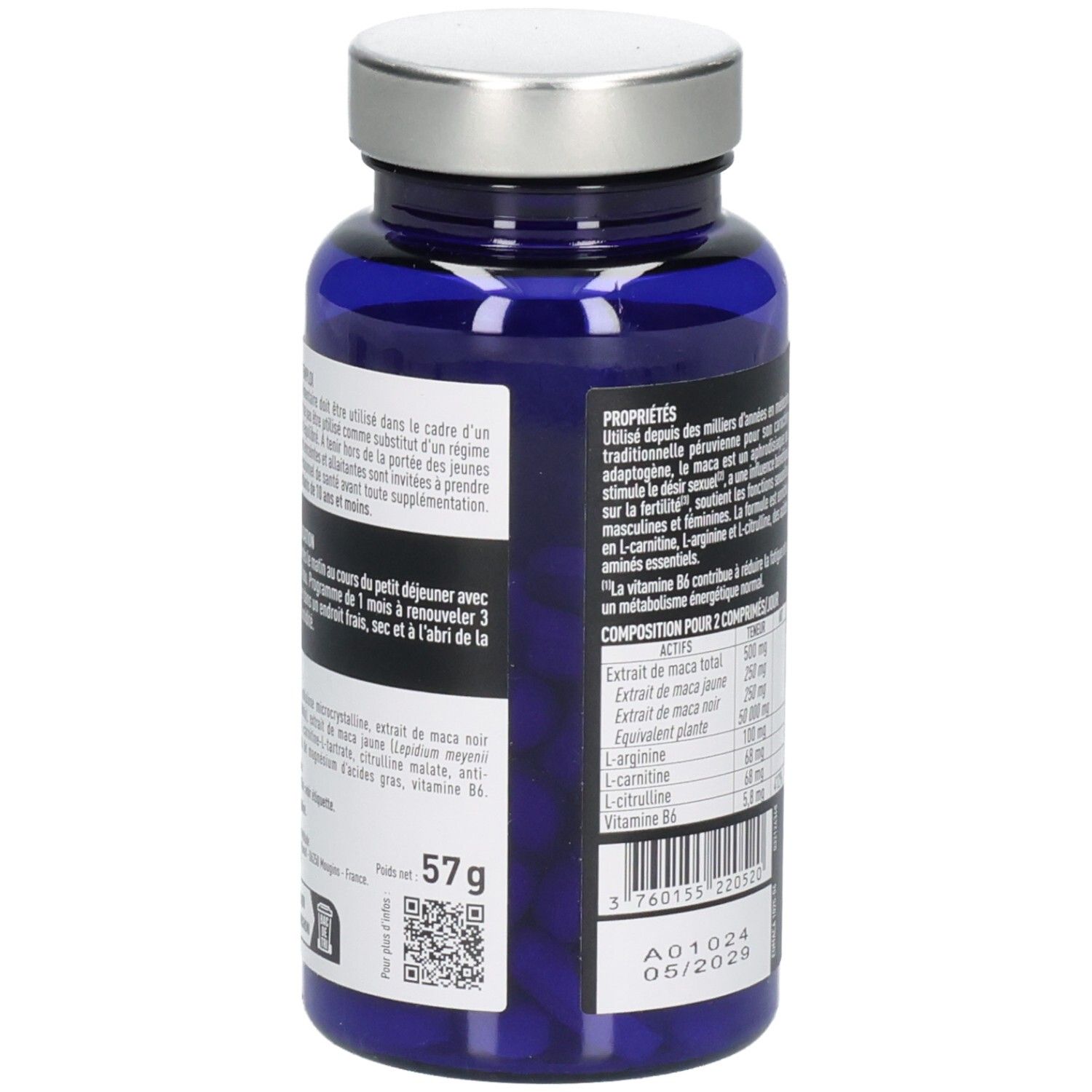 Vue latérale d'un flacon Granions Maca avec indication de poids et code QR sur l'étiquette.