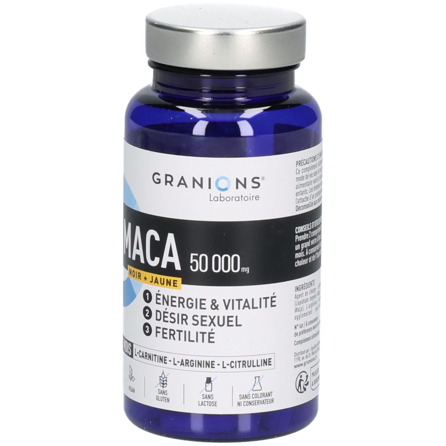 Flacon Granions Maca avec étiquette soulignant Énergie & Vitalité, Désir Sexuel et Fertilité.