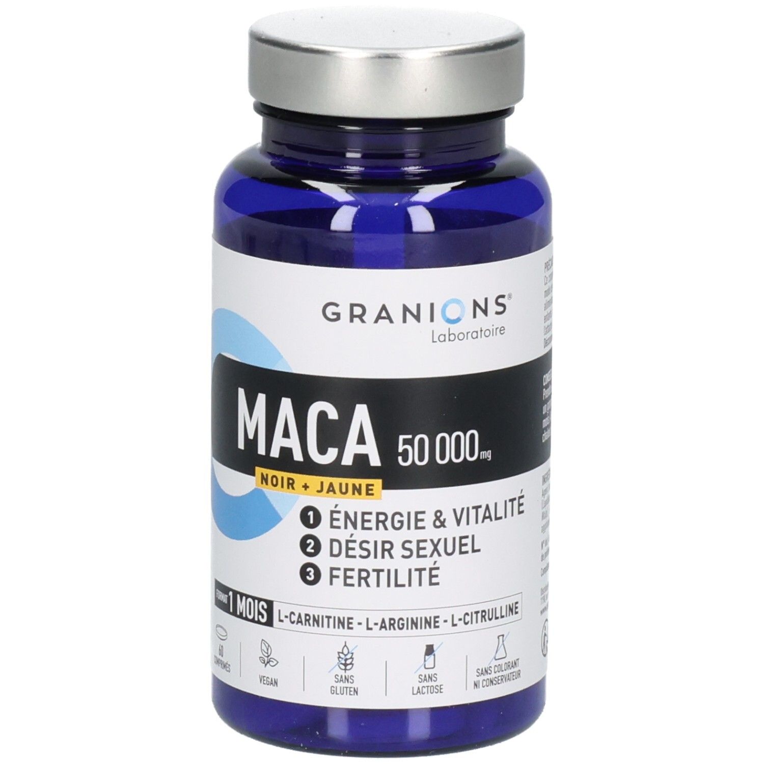 Flacon Granions Maca avec étiquette indiquant Énergie & Vitalité, Désir Sexuel et Fertilité.