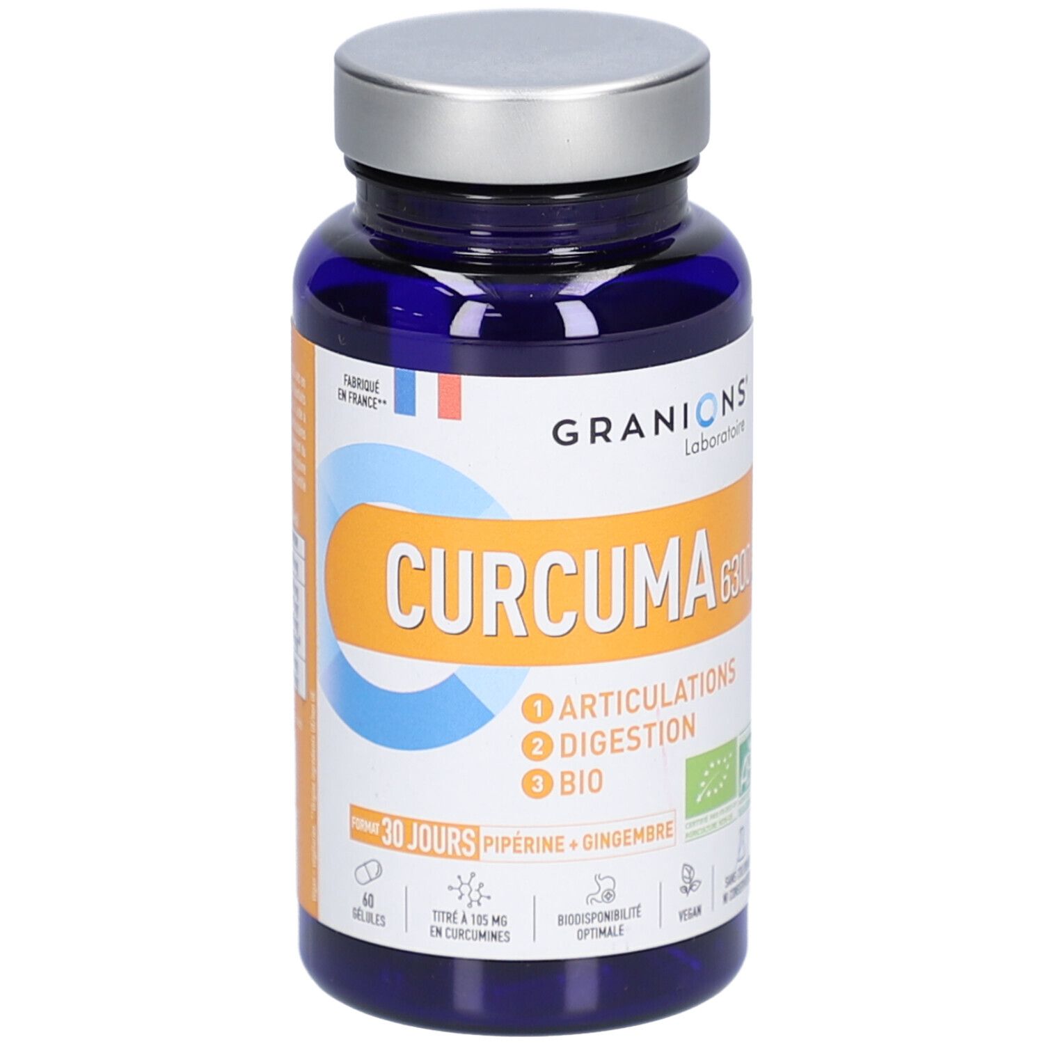 Flacon bleu, bouchon argenté. Inscription CURCUMA 6300 BIO. 60 gélules. Articulations, Digestion.
