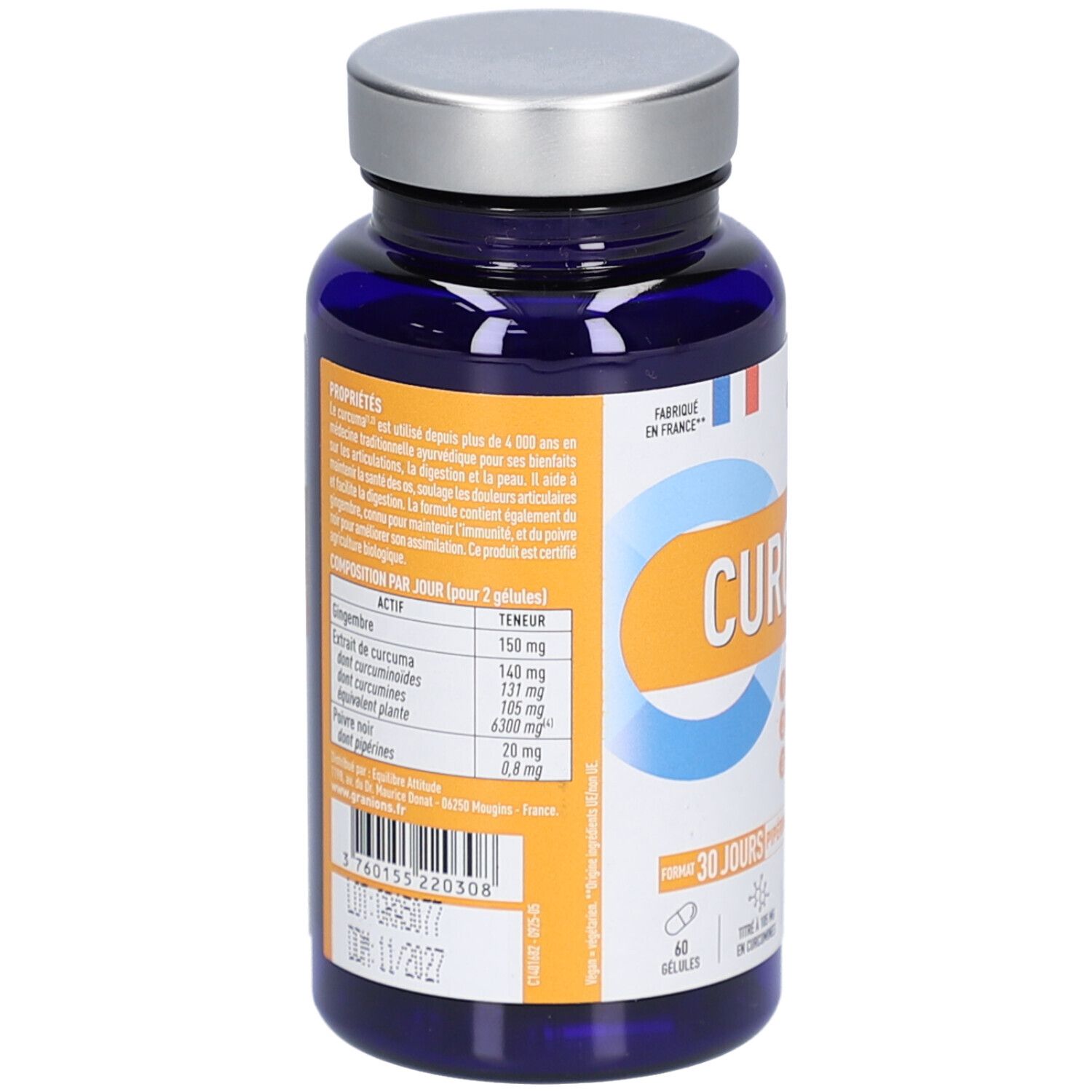 Dos du flacon bleu. Texte avec ingrédients et informations nutritionnelles. Date de péremption : 11/2027.