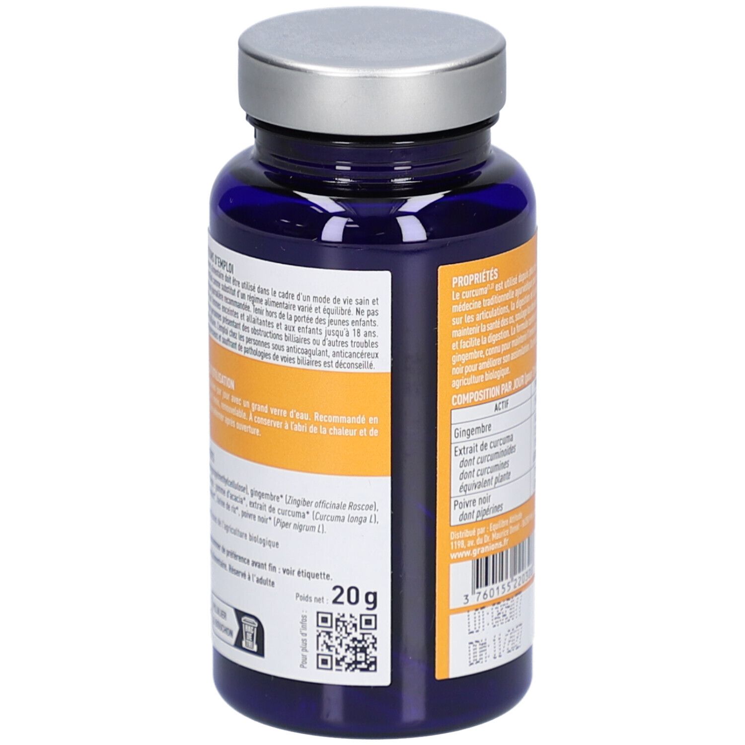 Dos du flacon bleu. Texte avec conseils d'utilisation et ingrédients. 20g.