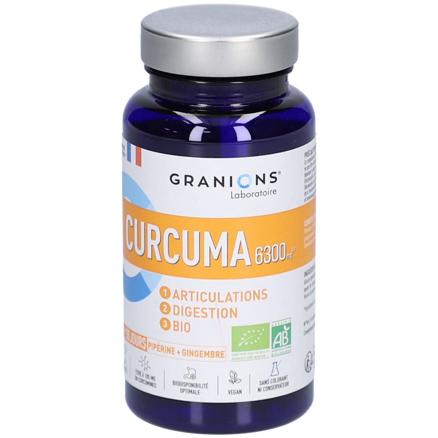 Flacon bleu, bouchon argenté. Inscription CURCUMA 6300 BIO. 60 gélules. Articulations, Digestion.