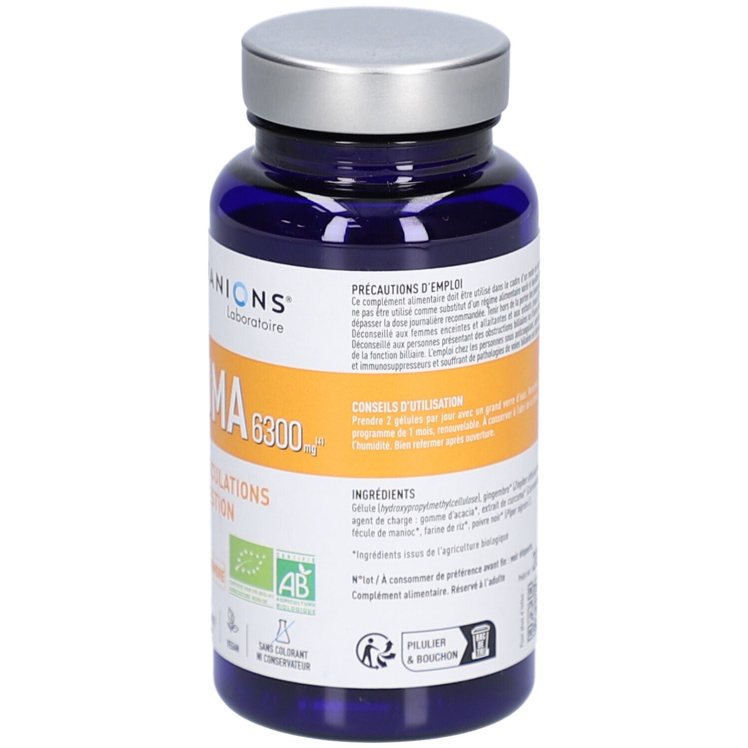 Dos du flacon bleu. Texte avec conseils d'utilisation et ingrédients. Certification AB.