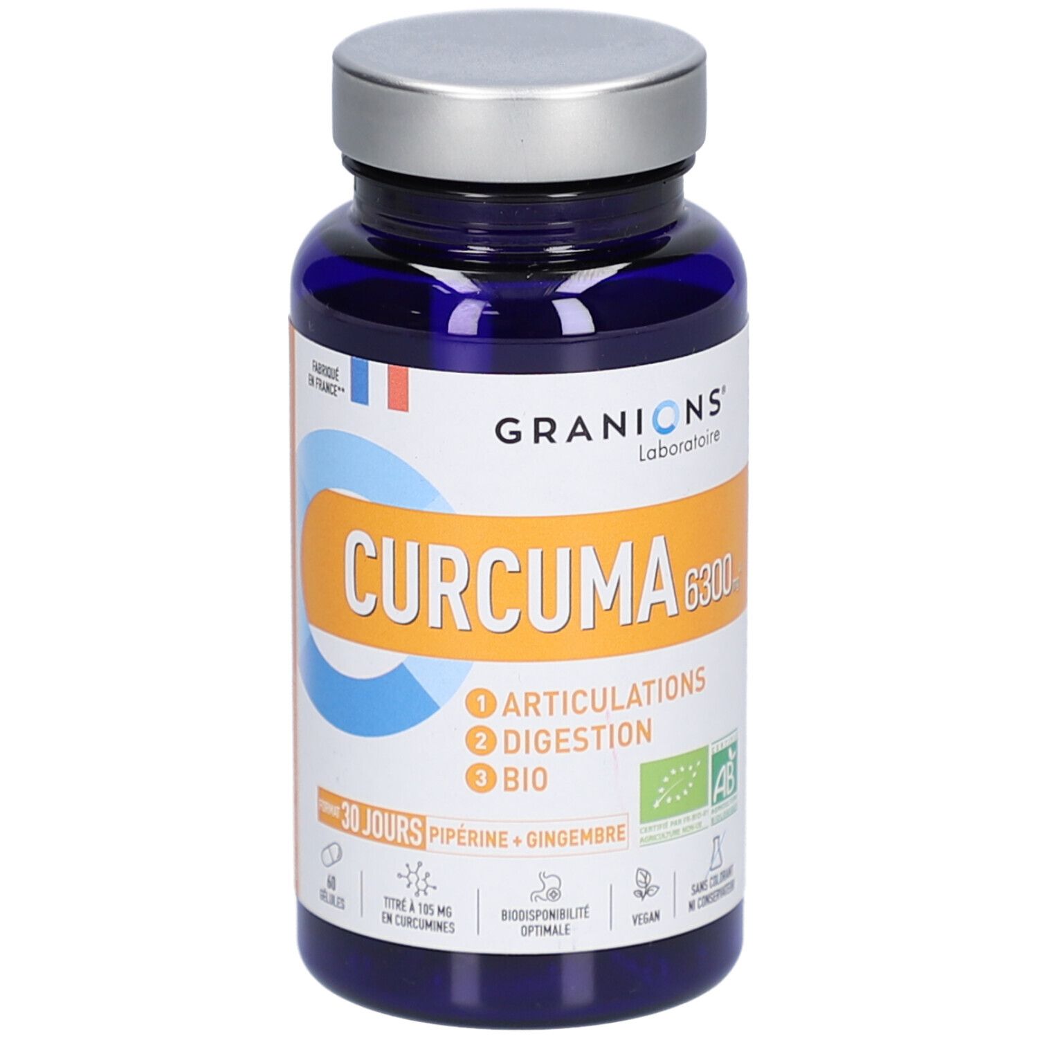 Flacon bleu, bouchon argenté. Inscription CURCUMA 6300 BIO. 60 gélules. Articulations, Digestion.
