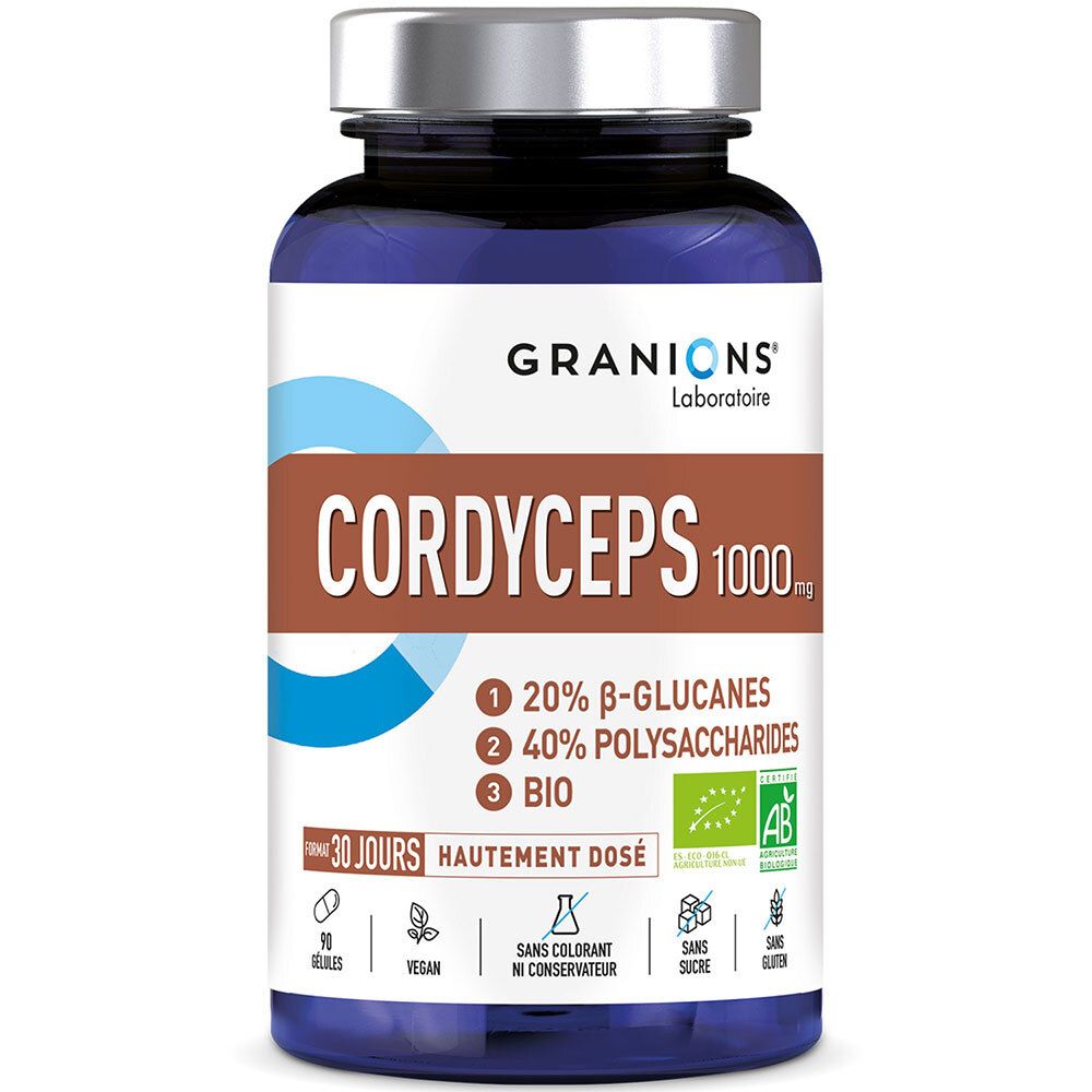 Flacon bleu de gélules. Inscription: CORDYCEPS 1000mg, 20% β-glucanes, 40% polysaccharides, BIO. Vegan, sans colorant, sans sucre, sans gluten.