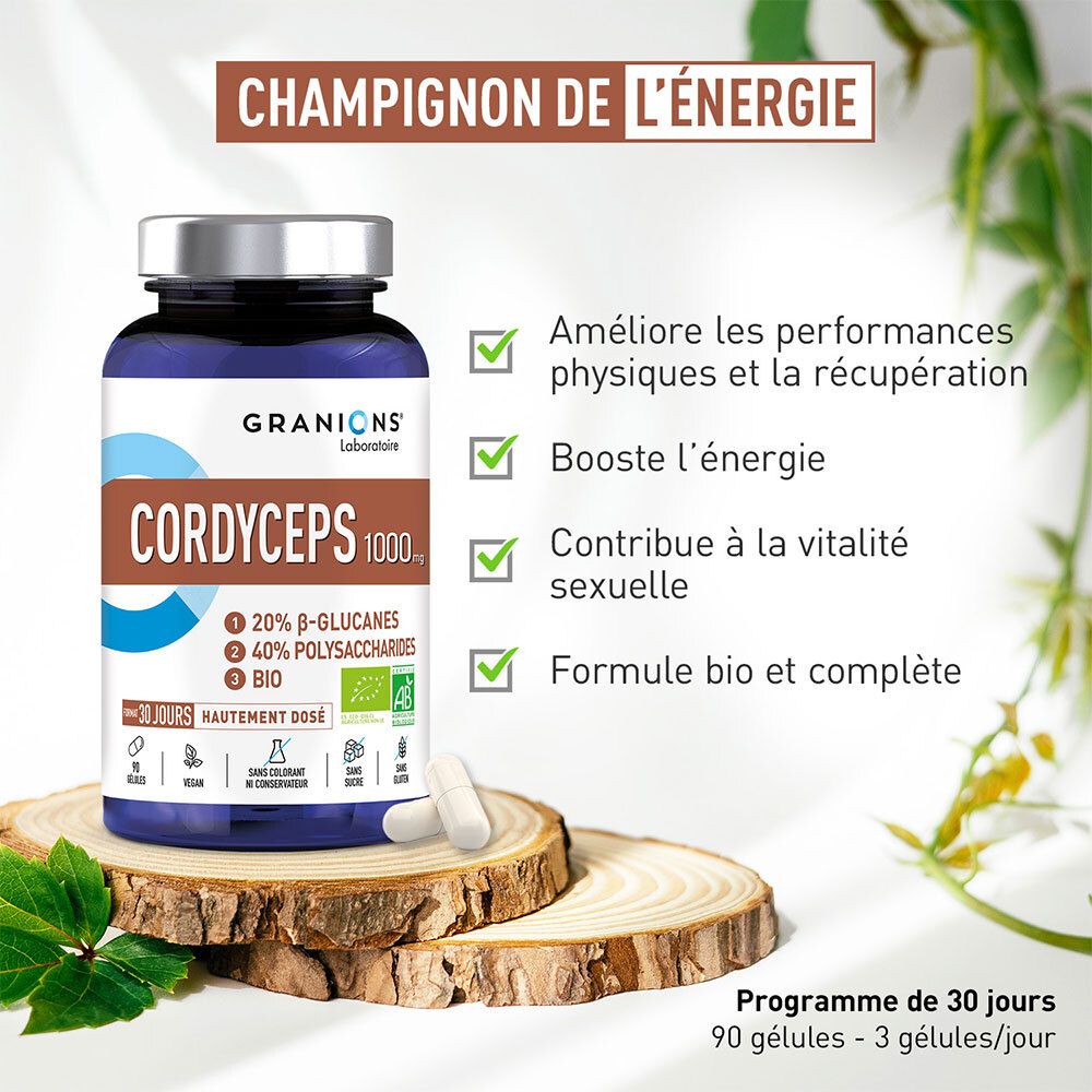 Flacon de produit sur rondins de bois. Inscription: CORDYCEPS 1000mg, 20% β-glucanes, 40% polysaccharides, BIO. Avec des coches vertes et du texte.