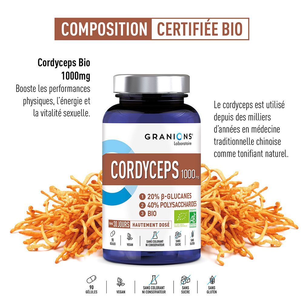 Flacon de produit avec champignons séchés. Inscription: CORDYCEPS 1000mg, 20% β-glucanes, 40% polysaccharides, BIO. Avec du texte.