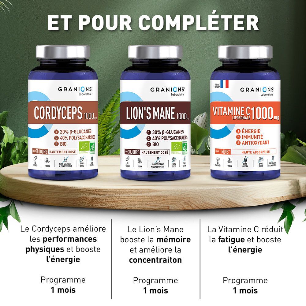 Trois flacons de produits côte à côte. CORDYCEPS, LION'S MANE, VITAMINE C 1000mg. Avec du texte.