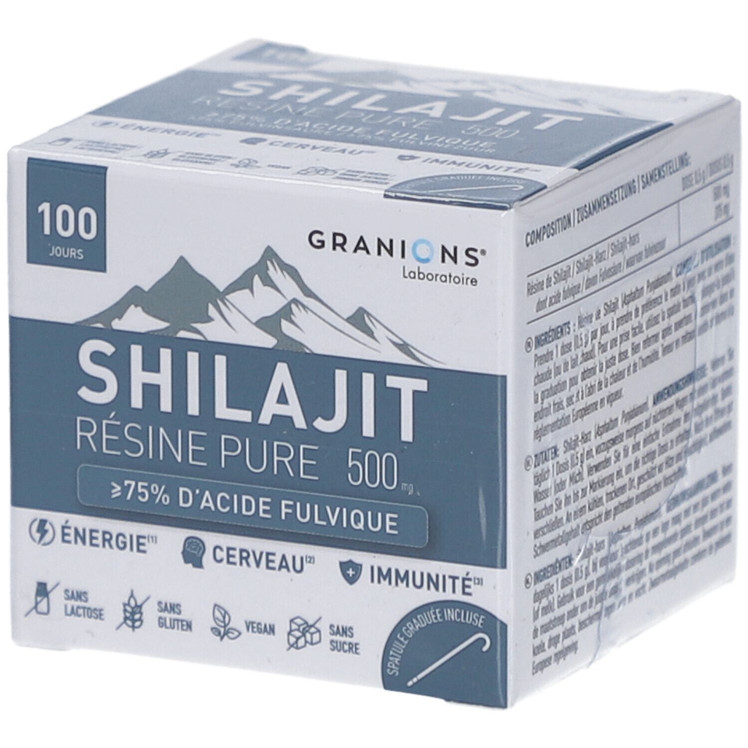 Boîte de produit. Shilajit Résine Pure 500. Marque GRANIONS. 100 jours. Plus de 75% d'acide fulvique. Ingrédients et informations nutritionnelles.