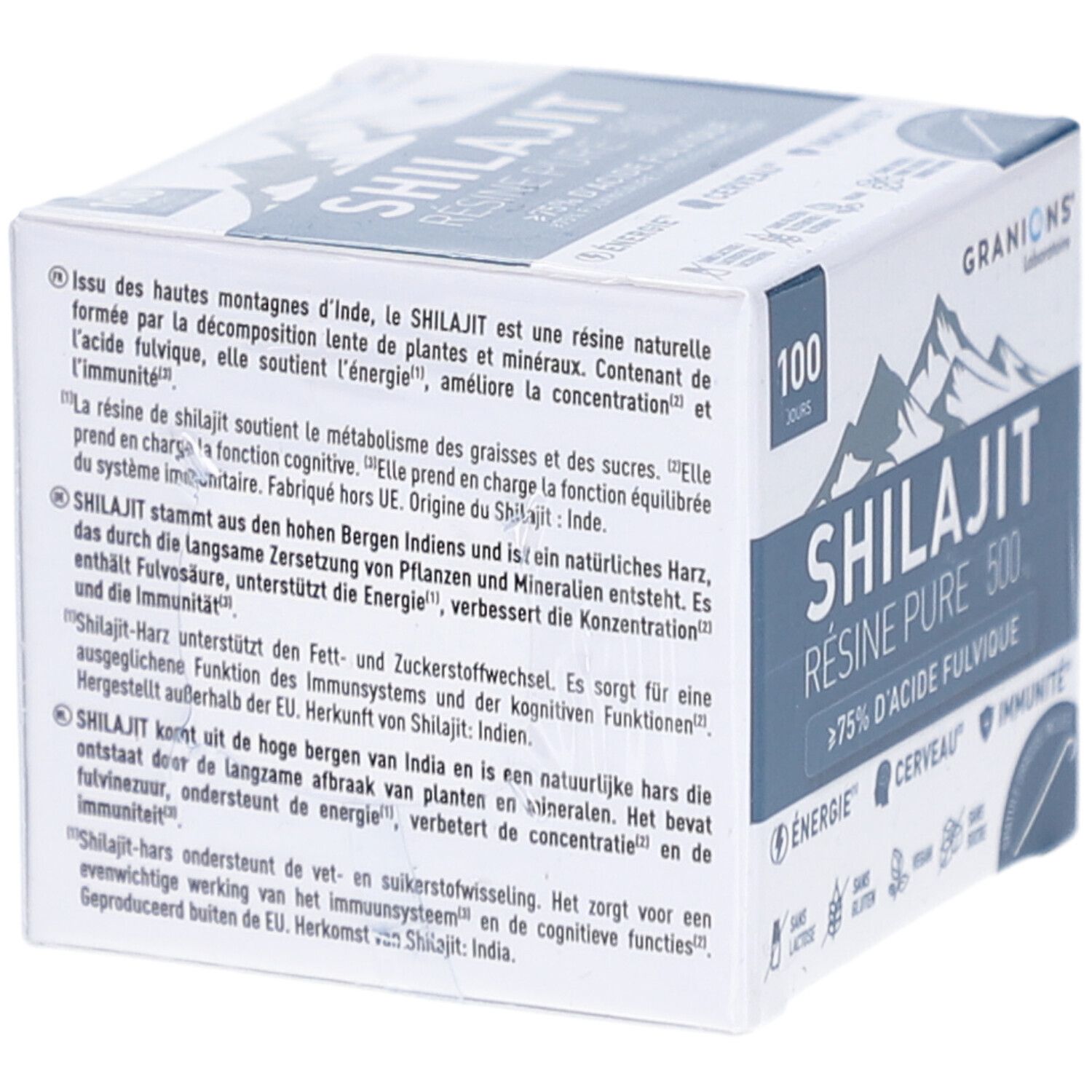 Emballage du produit. Shilajit Résine Pure 500. Marque GRANIONS. 100 jours. Origine: Inde. Informations sur les ingrédients et l'utilisation.