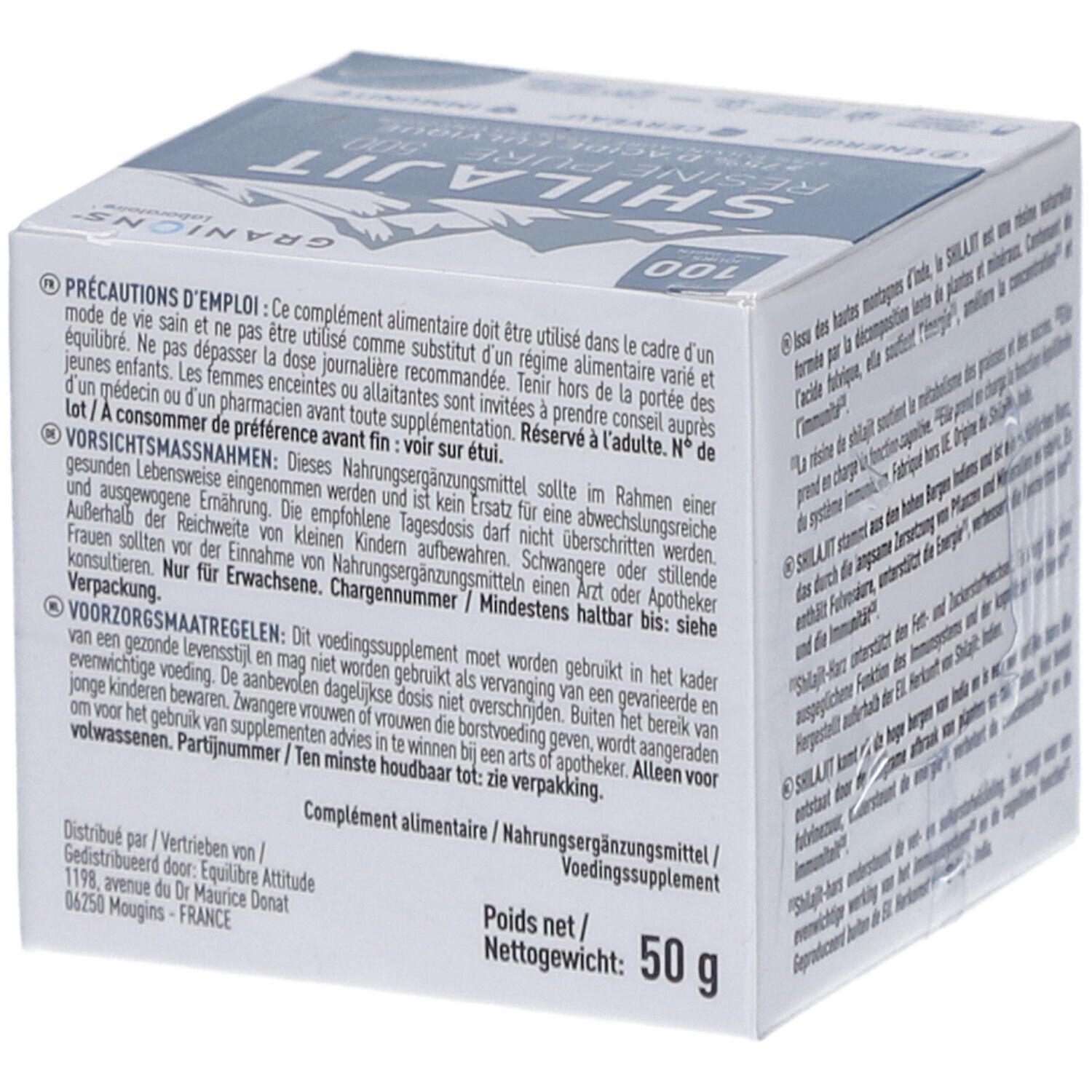 Emballage du produit. Shilajit Résine Pure 500. Marque GRANIONS. 100 jours. Poids net: 50 g. Informations d'utilisation et de sécurité.