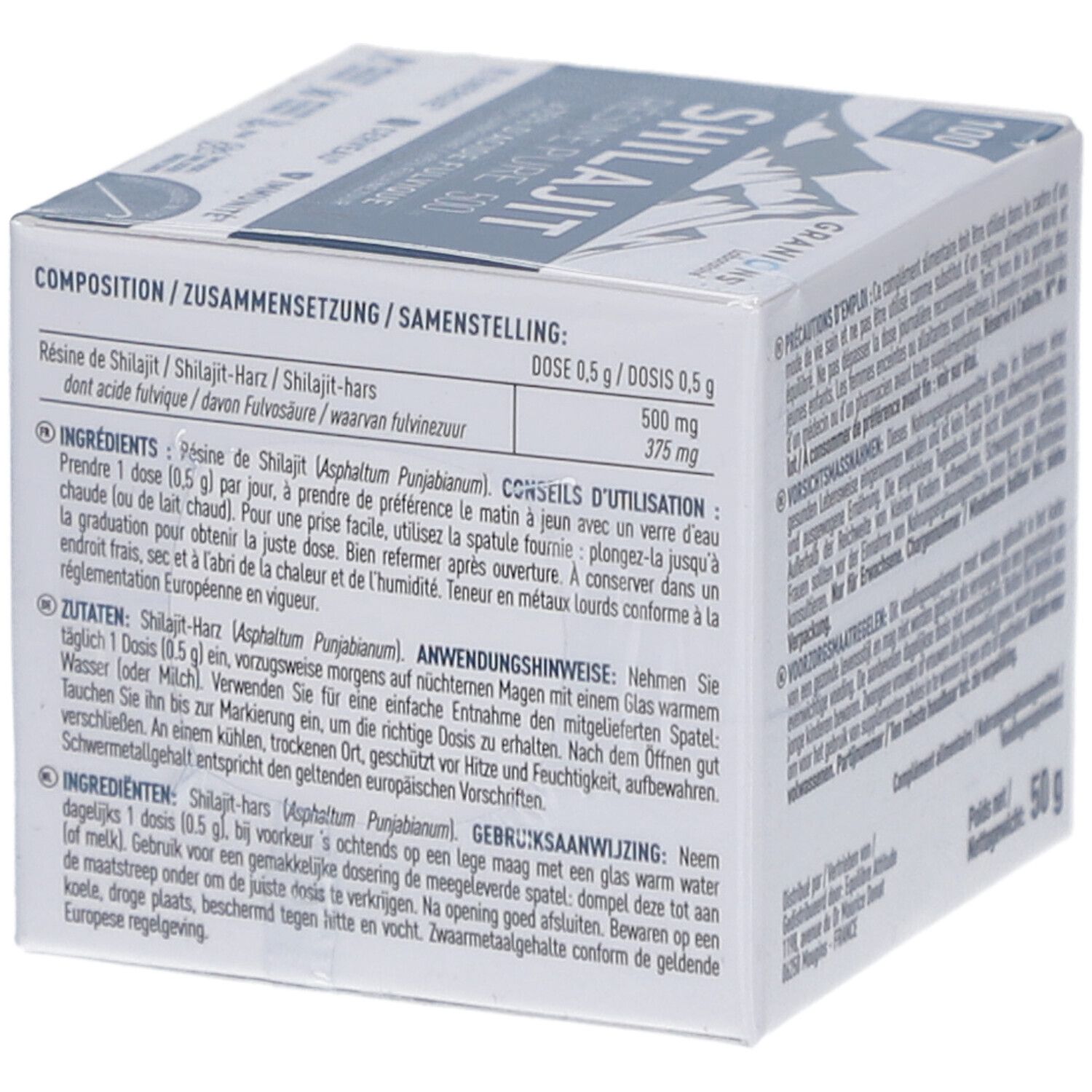 Emballage du produit. Shilajit Résine Pure 500. Marque GRANIONS. 100 jours. Dosage: 0,5 g. Informations sur les ingrédients et l'utilisation.