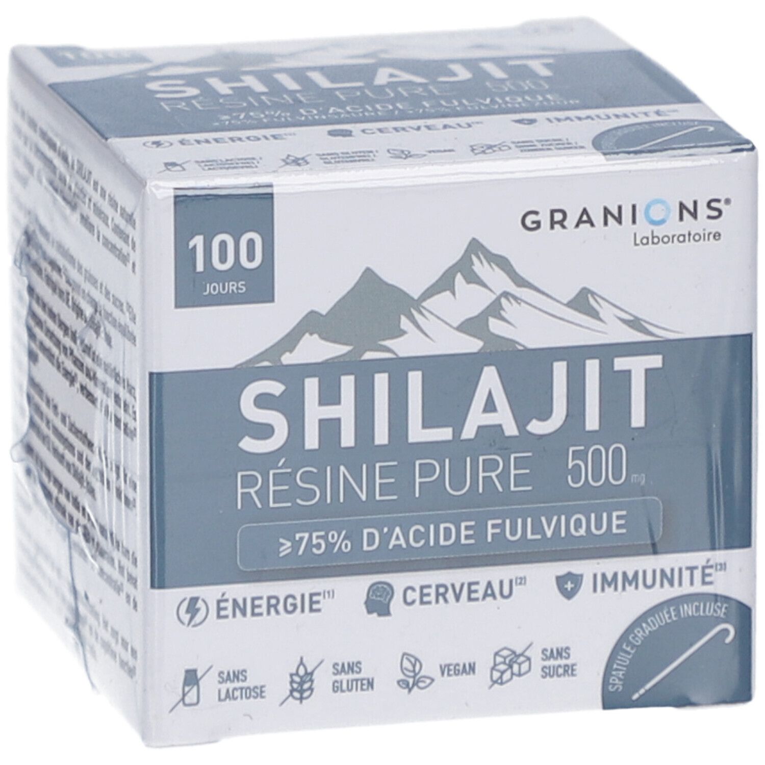 Emballage du produit. Shilajit Résine Pure 500. Marque GRANIONS. 100 jours. Plus de 75% d'acide fulvique. Vue de face.