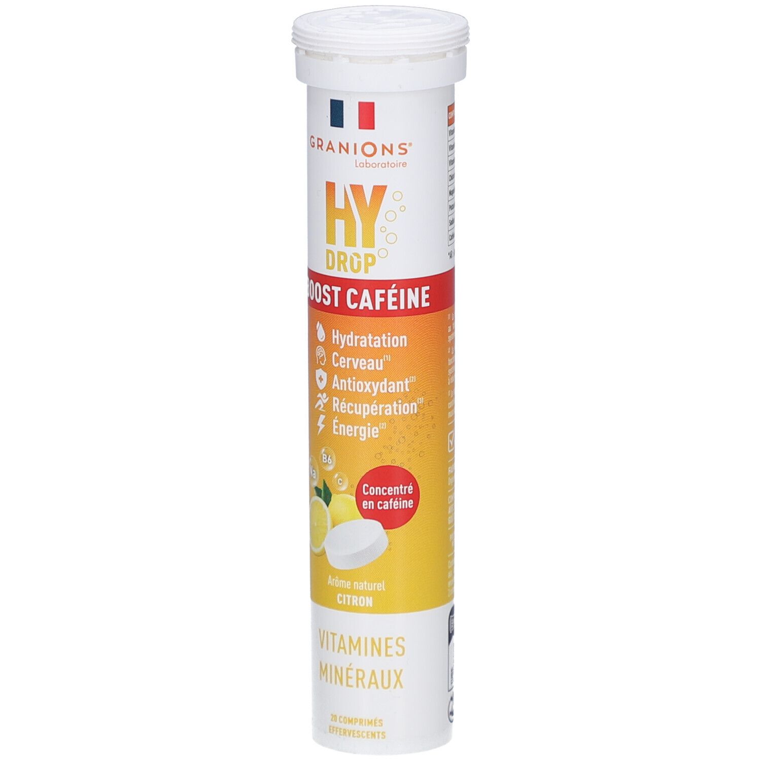 Tube cylindrique de comprimés. Inscription: HYDROP BOOST CAFÉINE, Vitamines, Minéraux. Goût citron. Drapeau français.