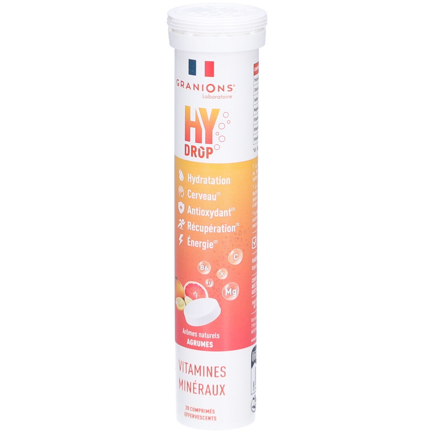 Tube cylindrique de comprimés. Inscriptions: HYDROP, Granions, Arômes Agrumes, Vitamines Minéraux. Illustration de fruits.