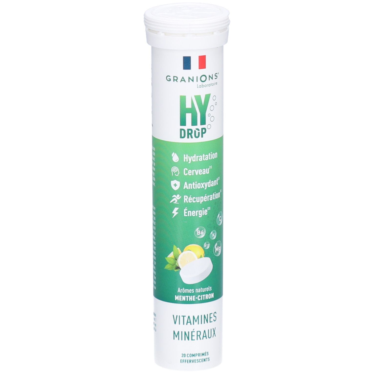 Emballage cylindrique de GRANIONS HYDROP MENT/CIT CPR EFF20. Contient des comprimés effervescents. Design vert et blanc avec nom et informations.