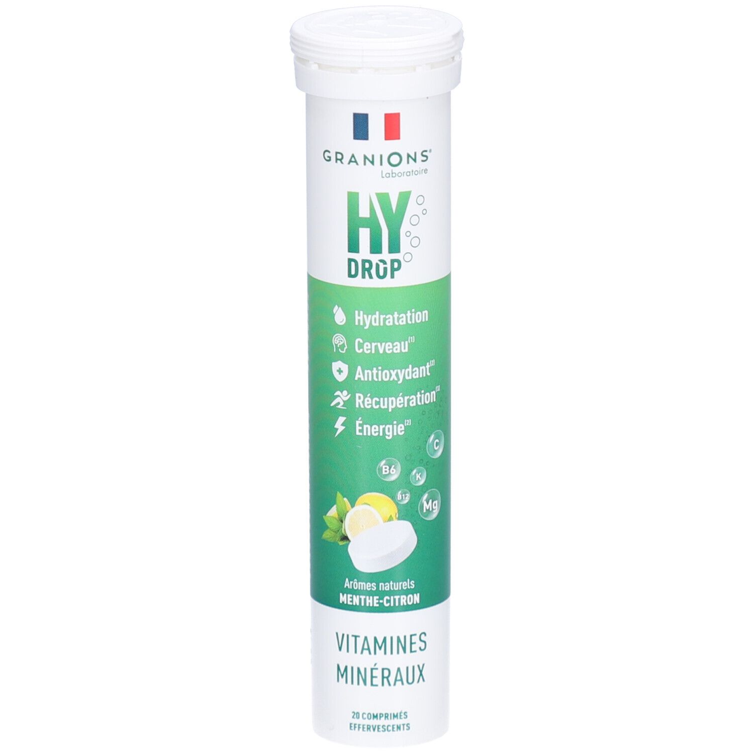 Emballage cylindrique de GRANIONS HYDROP MENT/CIT CPR EFF20. Contient des comprimés effervescents. Design vert et blanc avec nom et informations.