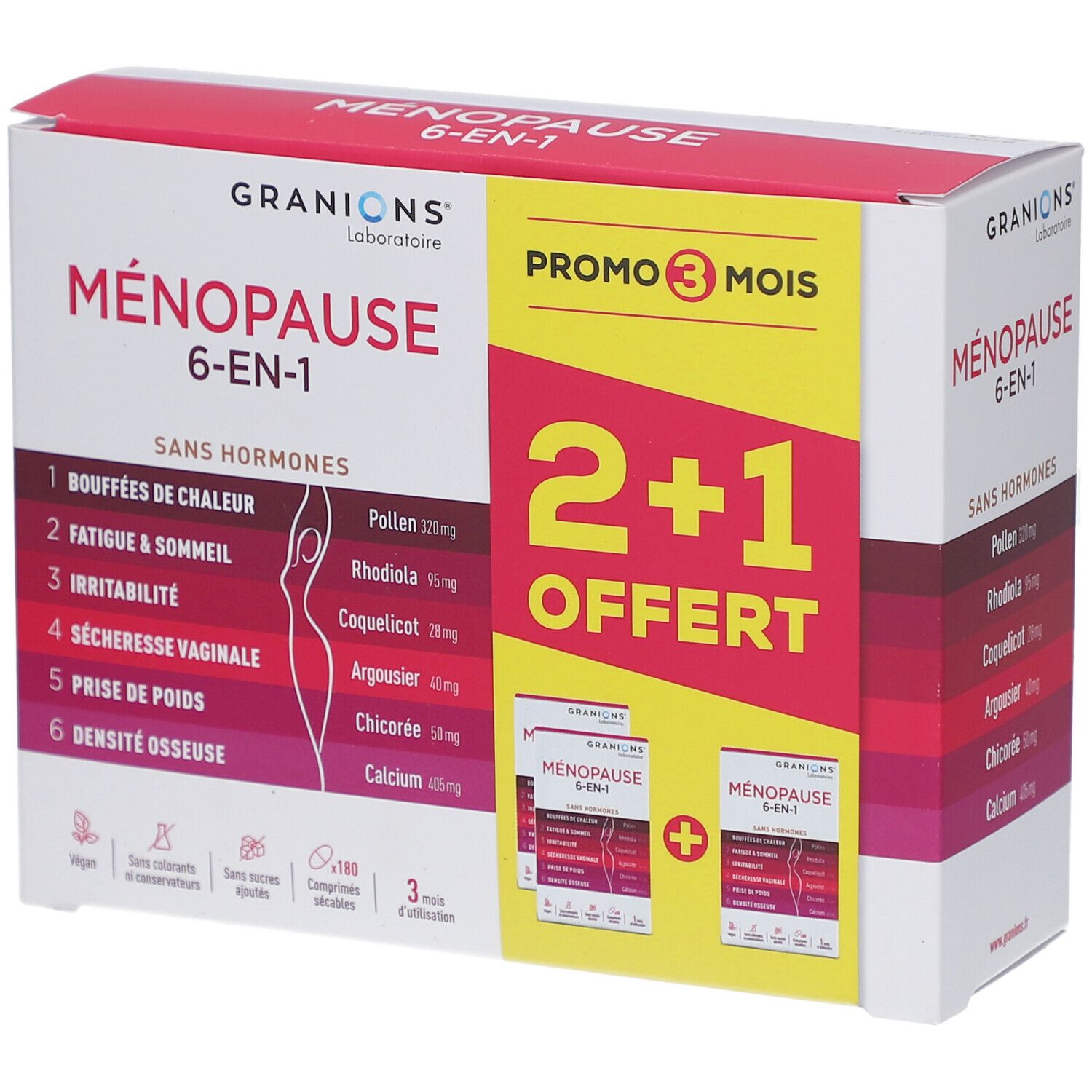 Boîte GRANIONS MENOPAUSE 6-EN-1. Offre 2+1 gratuit. Contient 180 comprimés. Vegan, sans sucres, sans colorants. 3 mois d'utilisation.