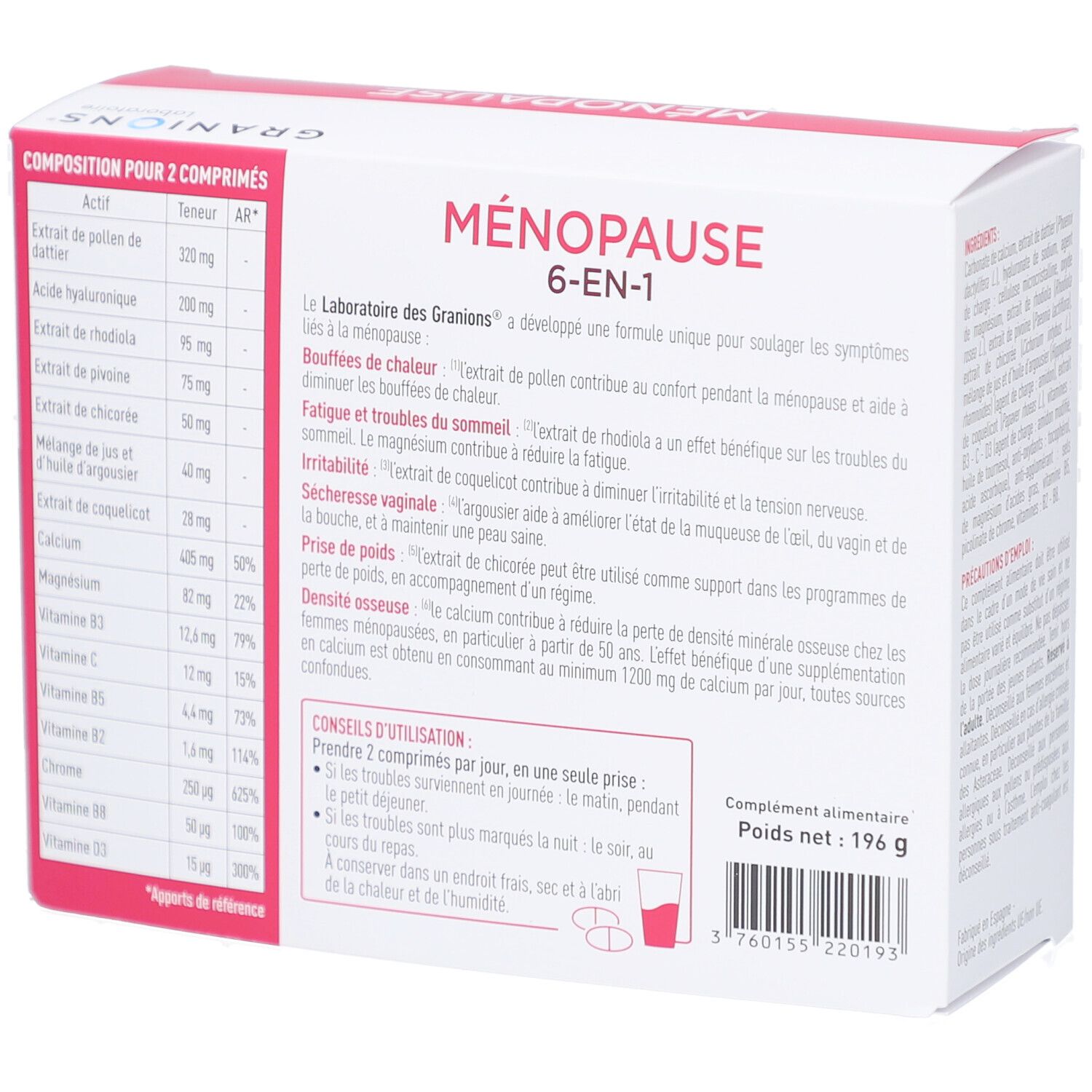 Dos de la boîte GRANIONS MENOPAUSE 6-EN-1. Composition pour 2 comprimés. Poids net 196 g. Conseils d'utilisation.