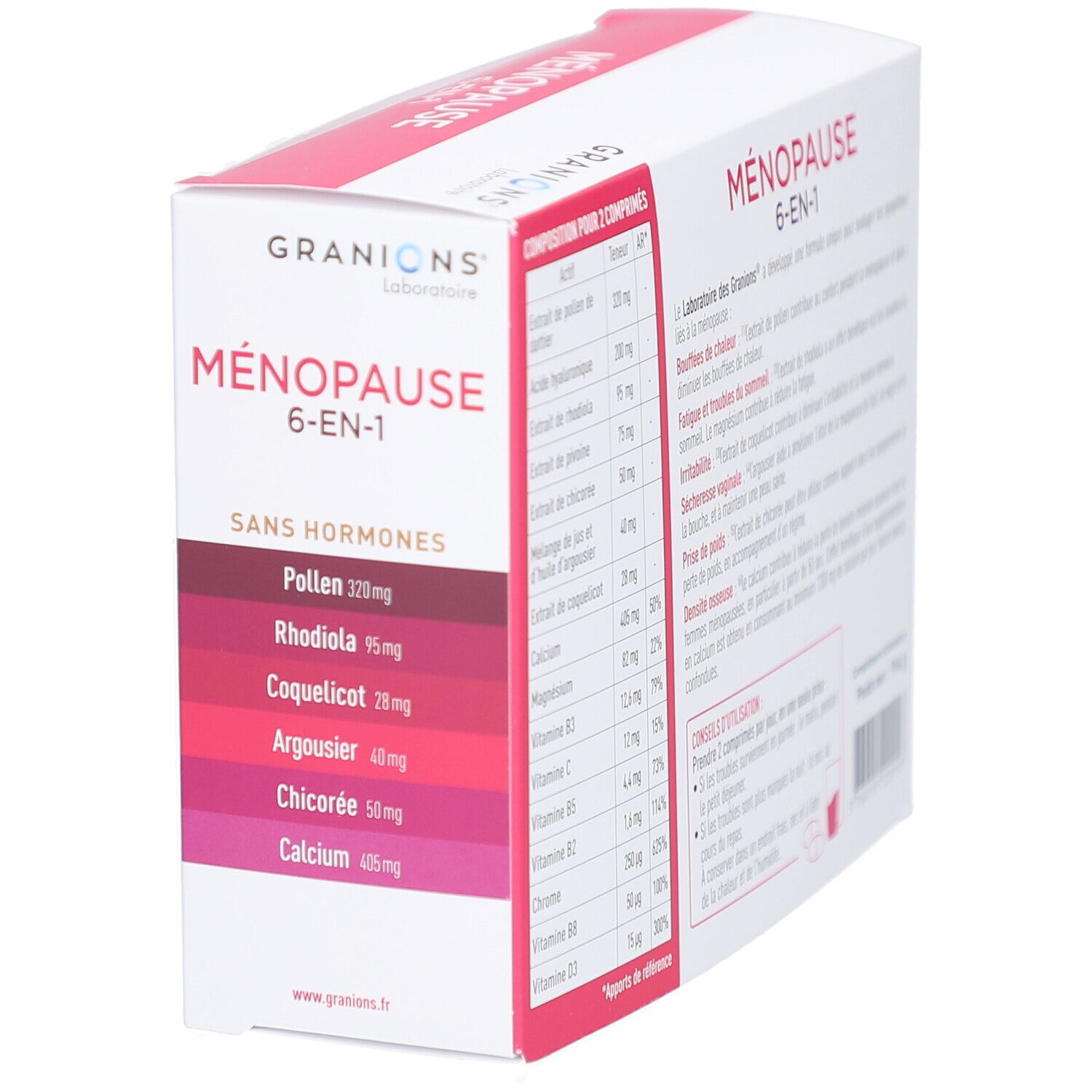 Boîte GRANIONS MENOPAUSE 6-EN-1. Ingrédients : Pollen, Rhodiola, Coquelicot, Argousier, Chicorée, Calcium. Sans hormones.