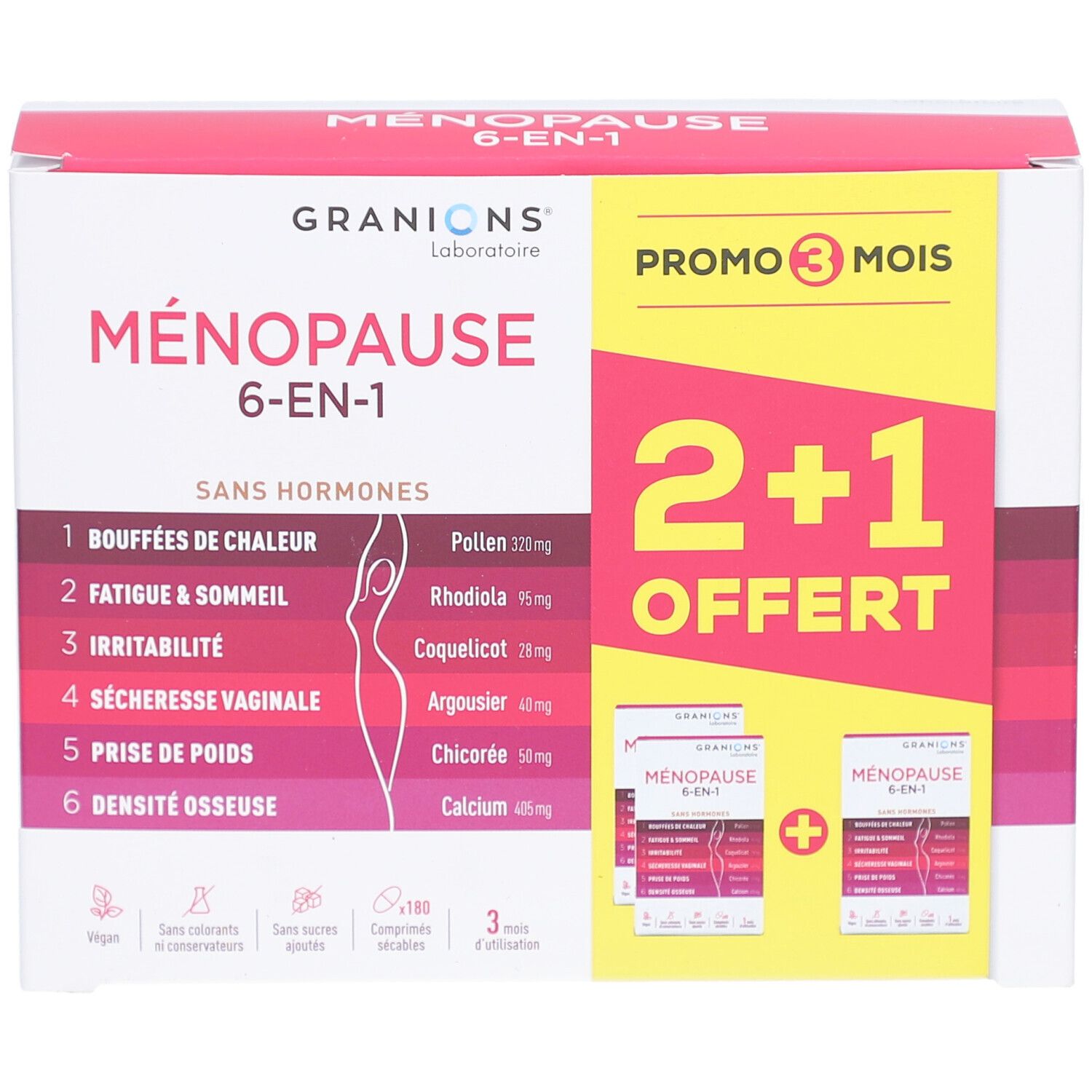 Boîte GRANIONS MENOPAUSE 6-EN-1. Offre 2+1 gratuit. Contient 180 comprimés. Vegan, sans sucres, sans colorants. 3 mois d'utilisation.