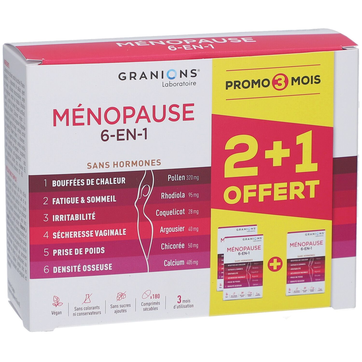 Boîte GRANIONS MENOPAUSE 6-EN-1. Offre 2+1 gratuit. Contient 180 comprimés. Vegan, sans sucres, sans colorants. 3 mois d'utilisation.
