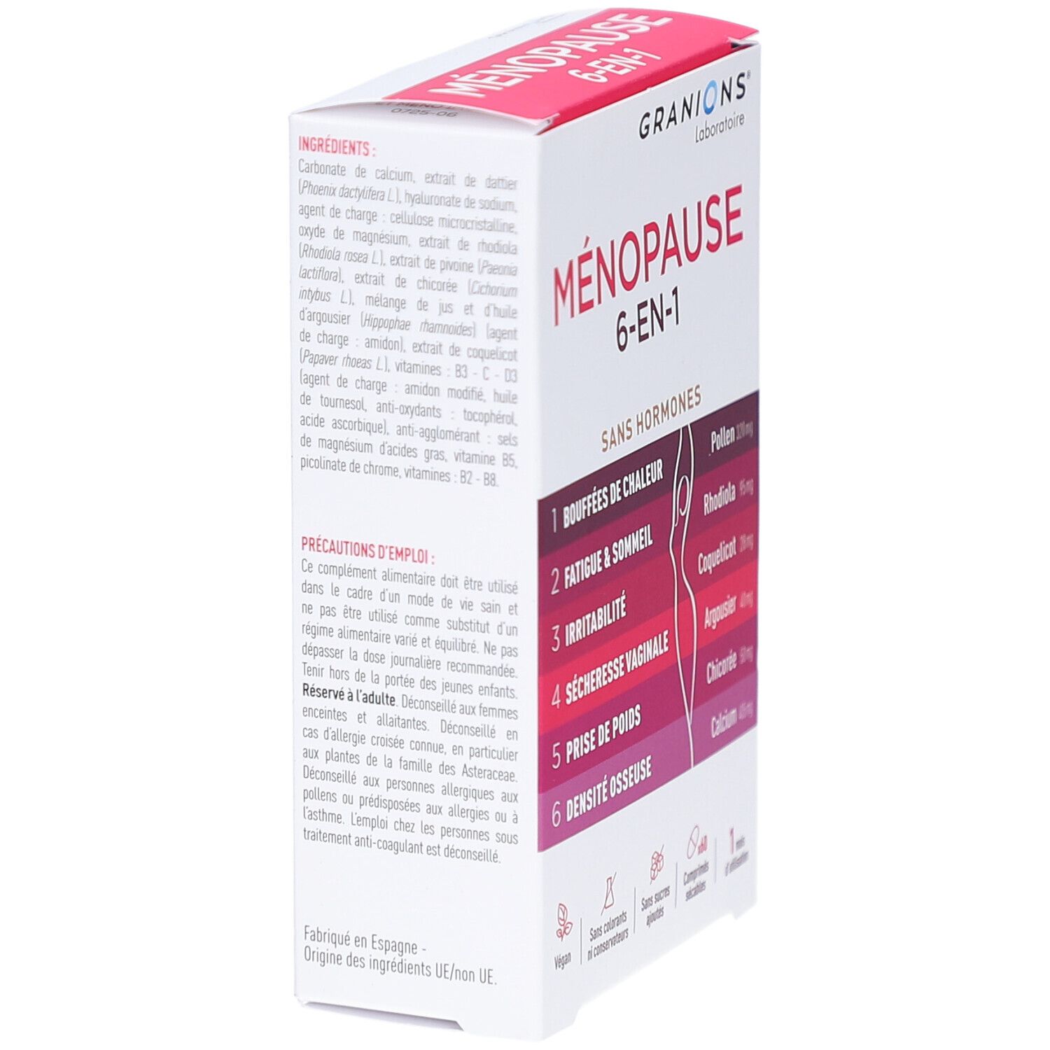 Boîte GRANIONS MENOPAUSE 6-EN-1. Contient ingrédients et précautions d'emploi. Inscription : Sans hormones. Ingrédients : Pollen, Rhodiola, Coquelicot, Argousier, Chicorée, Calcium.