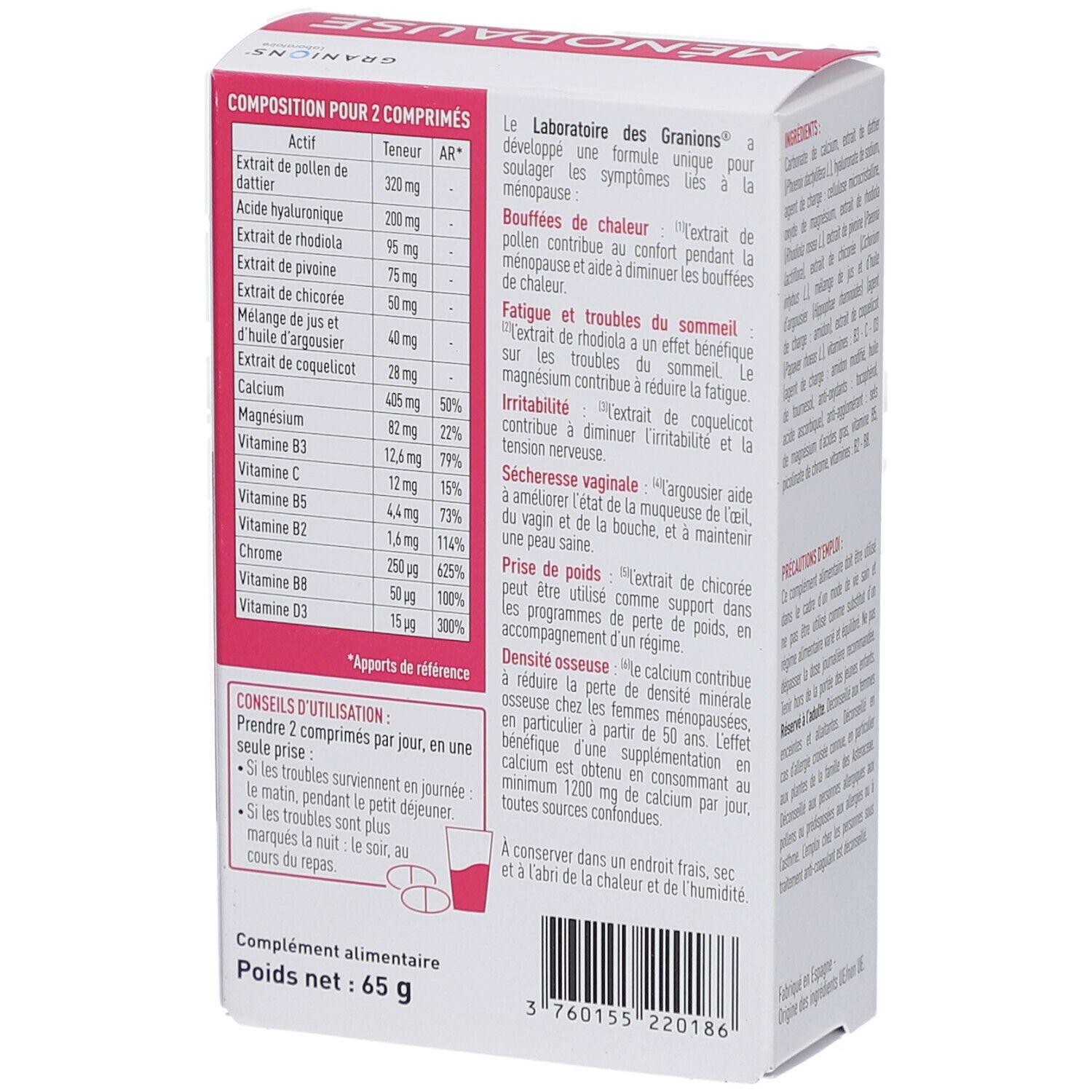 Dos de la boîte GRANIONS MENOPAUSE 6-EN-1. Contient ingrédients et conseils d'utilisation. Poids net : 65 g. Contient 60 comprimés.