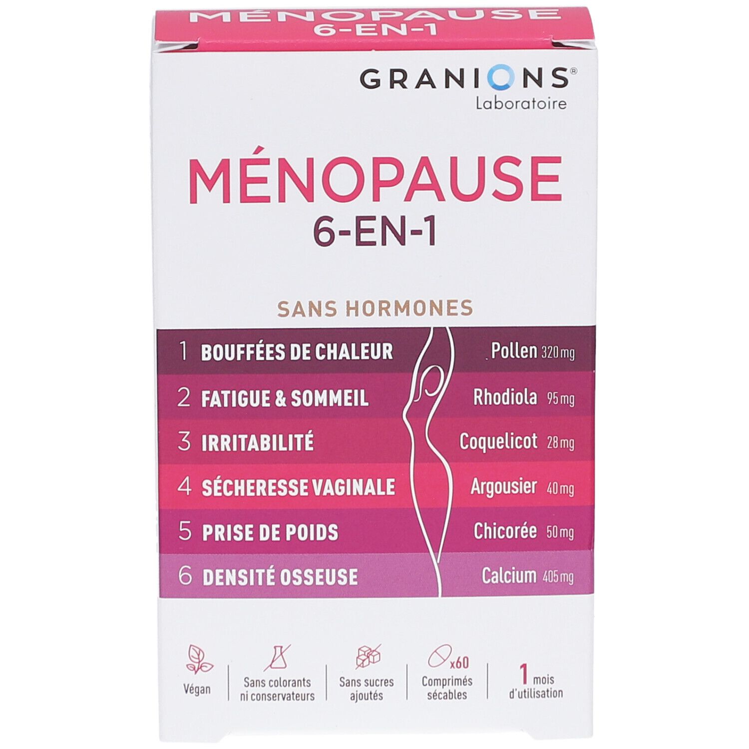 Boîte GRANIONS MENOPAUSE 6-EN-1. Contient 60 comprimés. Inscription : Sans hormones. Ingrédients : Pollen, Rhodiola, Coquelicot, Argousier, Chicorée, Calcium.