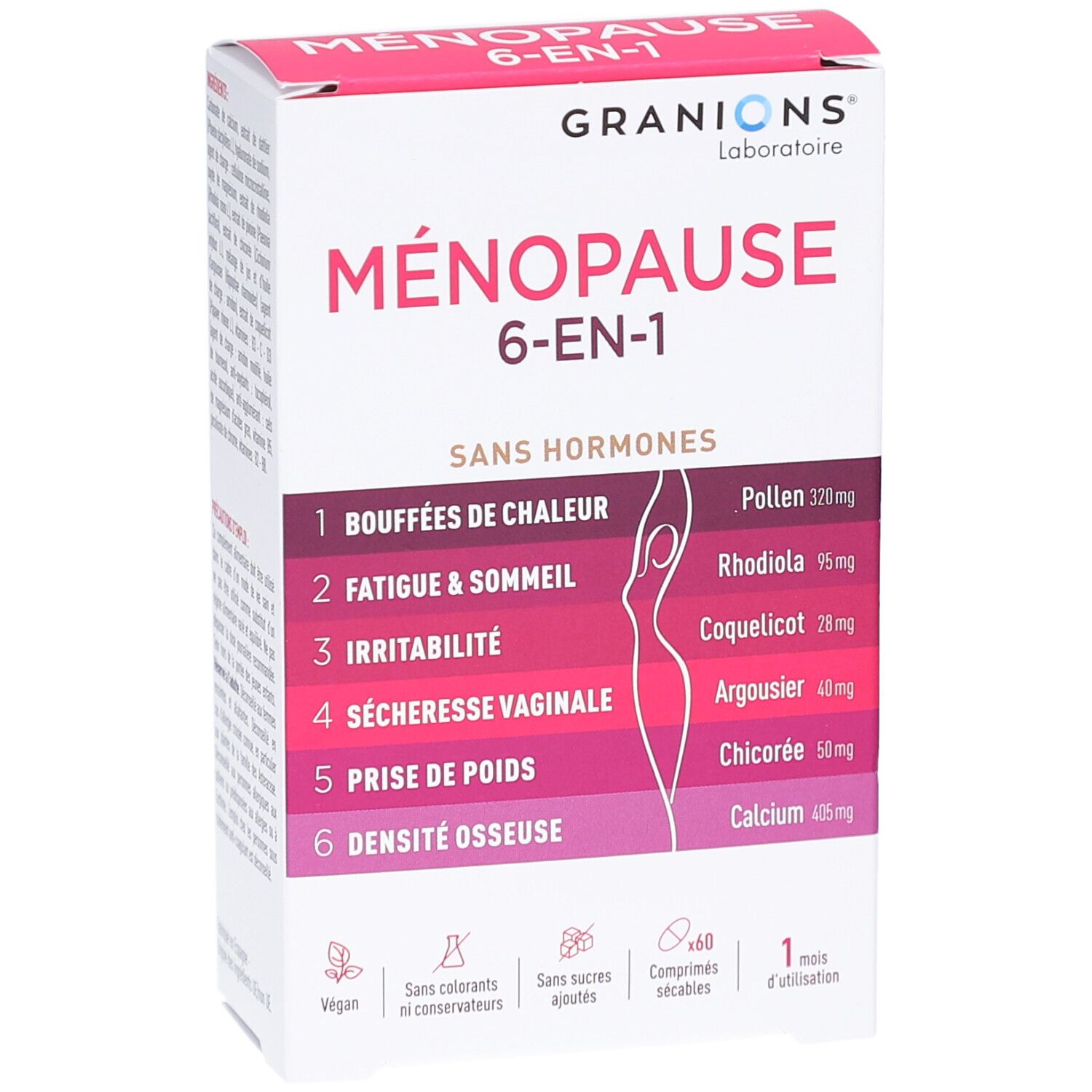 Boîte GRANIONS MENOPAUSE 6-EN-1. Contient 60 comprimés. Inscription : Sans hormones. Ingrédients : Pollen, Rhodiola, Coquelicot, Argousier, Chicorée, Calcium.