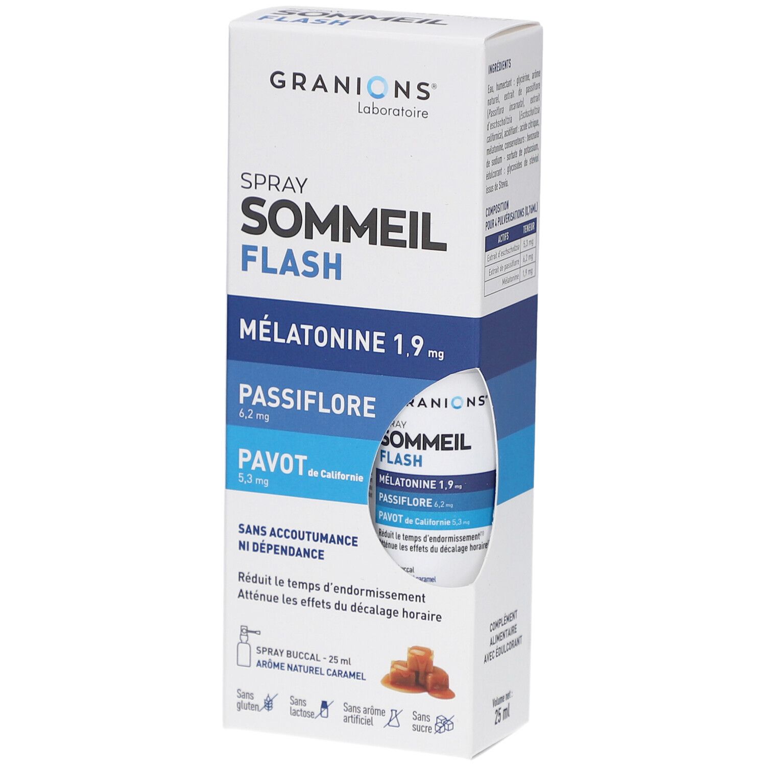 Boîte GRANIONS SOMMEIL FLASH Spray. Contient mélatonine, passiflore, pavot. Visuel de bonbons au caramel. Ingrédients et informations.