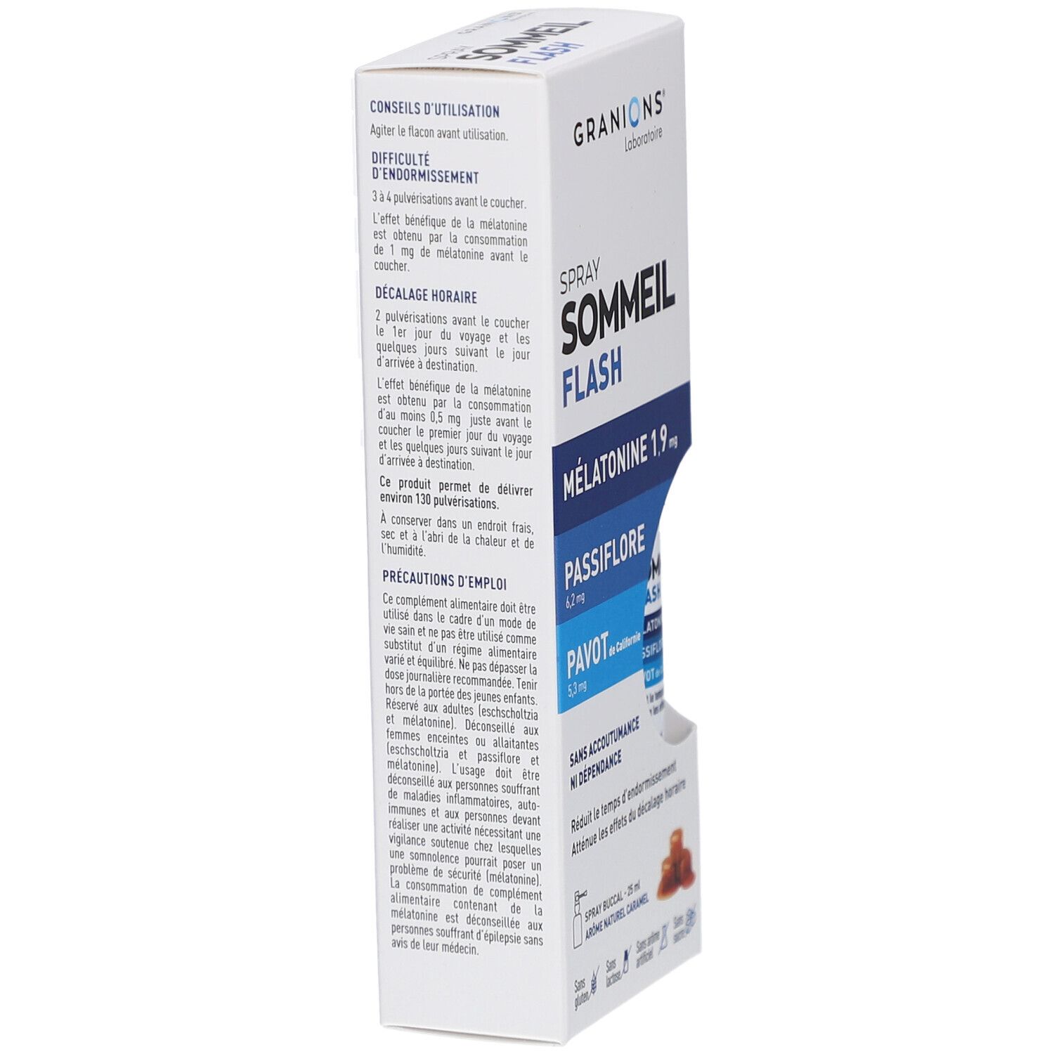 Boîte blanche avec informations produit. GRANIONS SOMMEIL FLASH Spray. Conseils d'utilisation et précautions d'emploi.