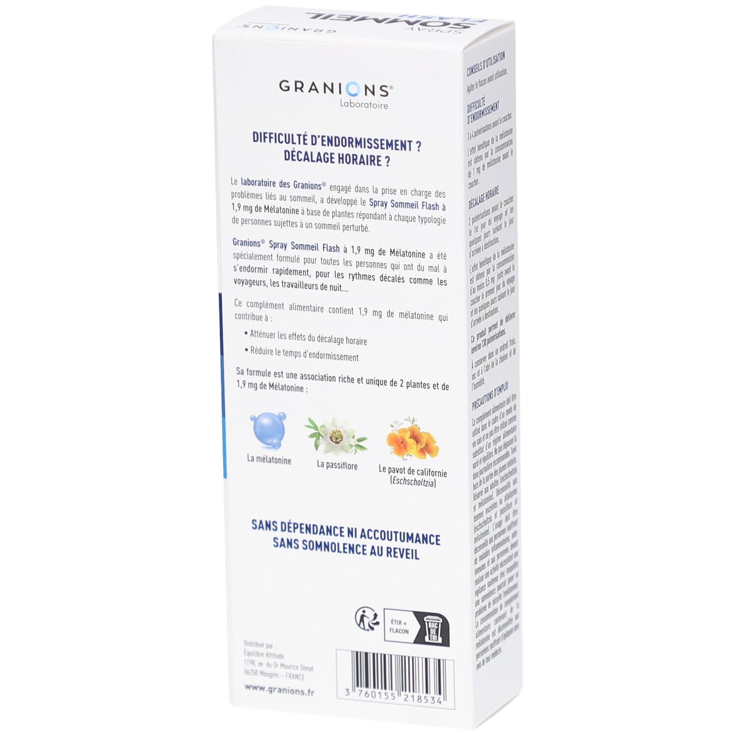 Dos de la boîte. GRANIONS SOMMEIL FLASH Spray. Informations sur les ingrédients et l'action. Éco-label.