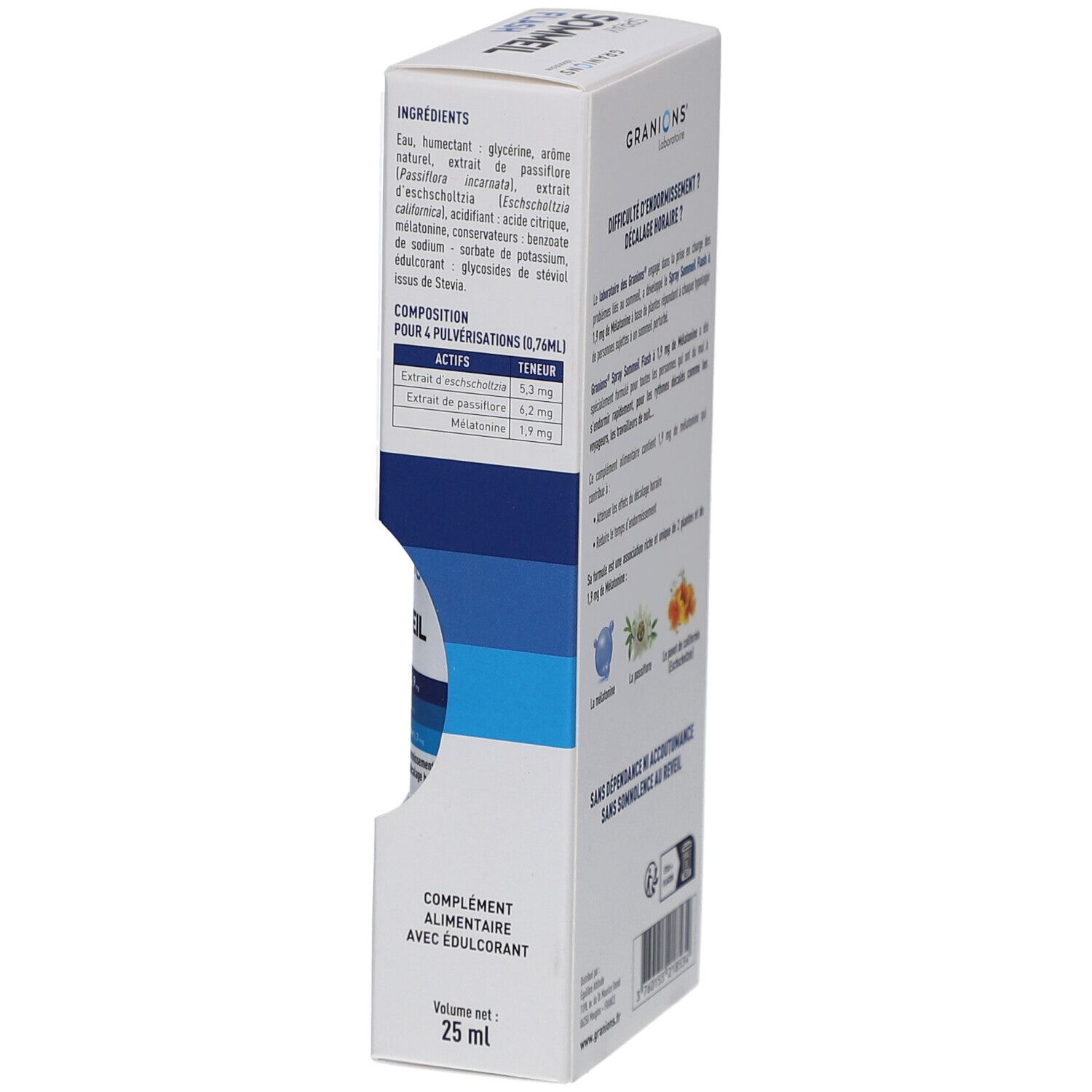 Vue latérale de la boîte. GRANIONS SOMMEIL FLASH Spray. Ingrédients et dosage. Volume 25 ml.