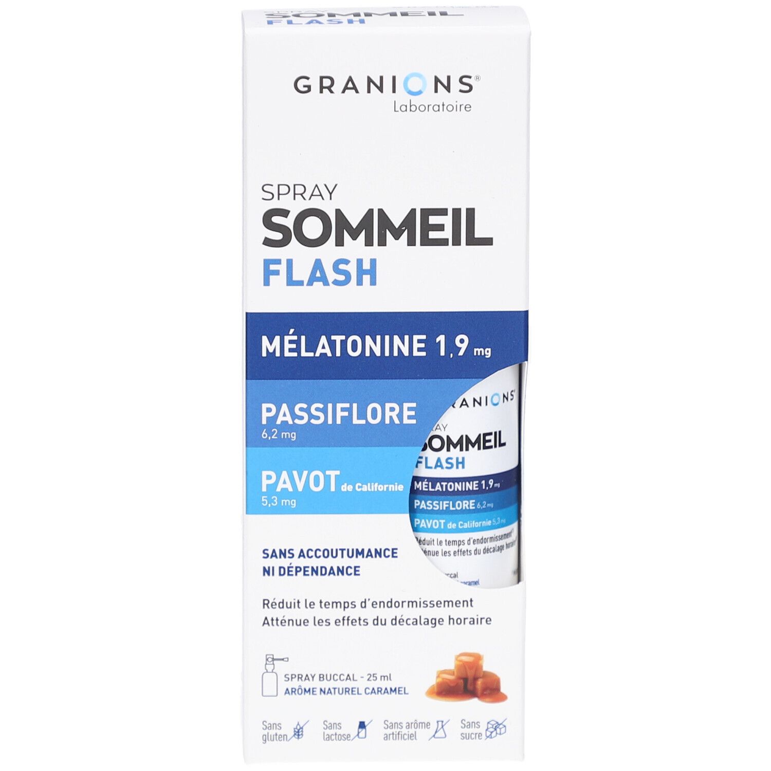 Vue de face de la boîte. GRANIONS SOMMEIL FLASH Spray. Mélatonine, Passiflore, Pavot. Visuel de bonbons au caramel.