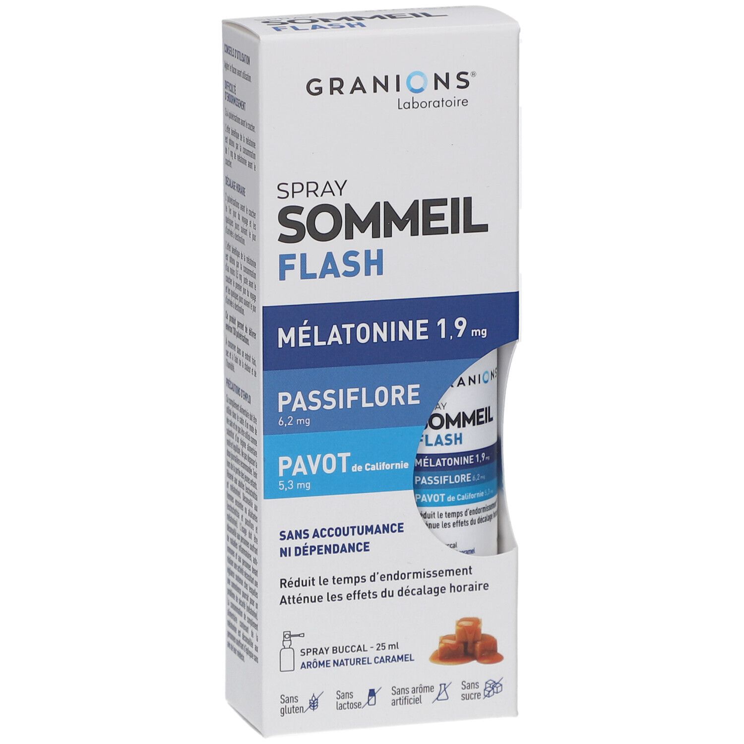 Vue de face de la boîte. GRANIONS SOMMEIL FLASH Spray. Mélatonine, Passiflore, Pavot. Visuel de bonbons au caramel.