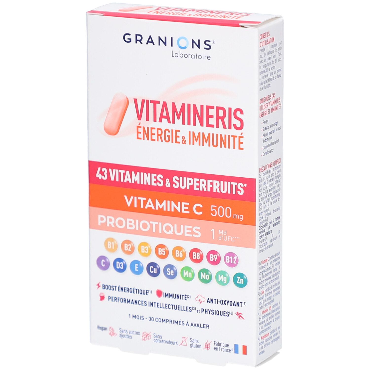 Boîte GRANIONS VITAMINERIS. Inscription: Énergie & Immunité, 43 vitamines & superfruits, vitamine C 500mg, probiotiques.