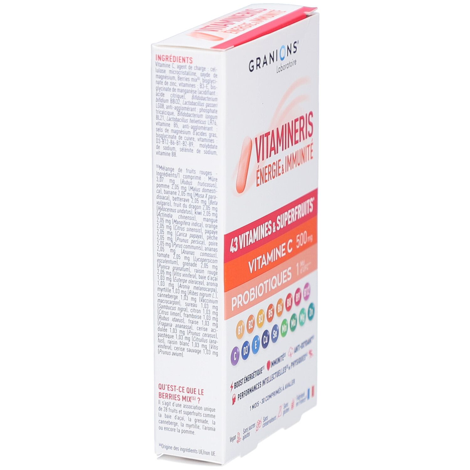 Vue latérale de la boîte GRANIONS VITAMINERIS. Inscription: Ingrédients, 43 vitamines & superfruits, vitamine C 500mg, probiotiques.