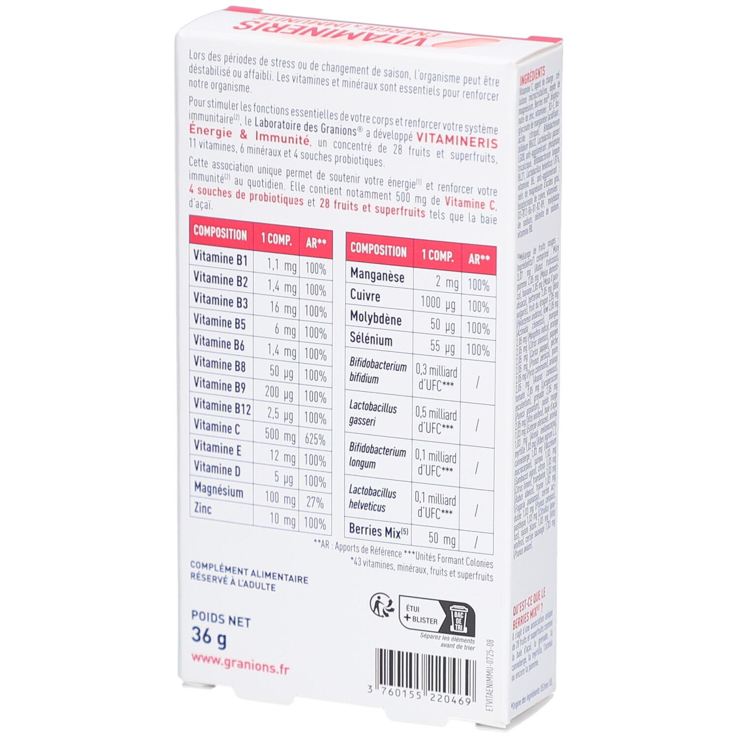 Dos de la boîte GRANIONS VITAMINERIS. Inscription: Composition, 36g, www.granions.fr, informations nutritionnelles.