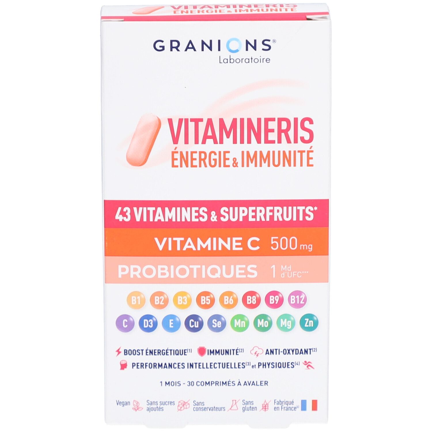 Vue de face de la boîte GRANIONS VITAMINERIS. Inscription: Énergie & Immunité, 43 vitamines & superfruits, vitamine C 500mg, probiotiques.