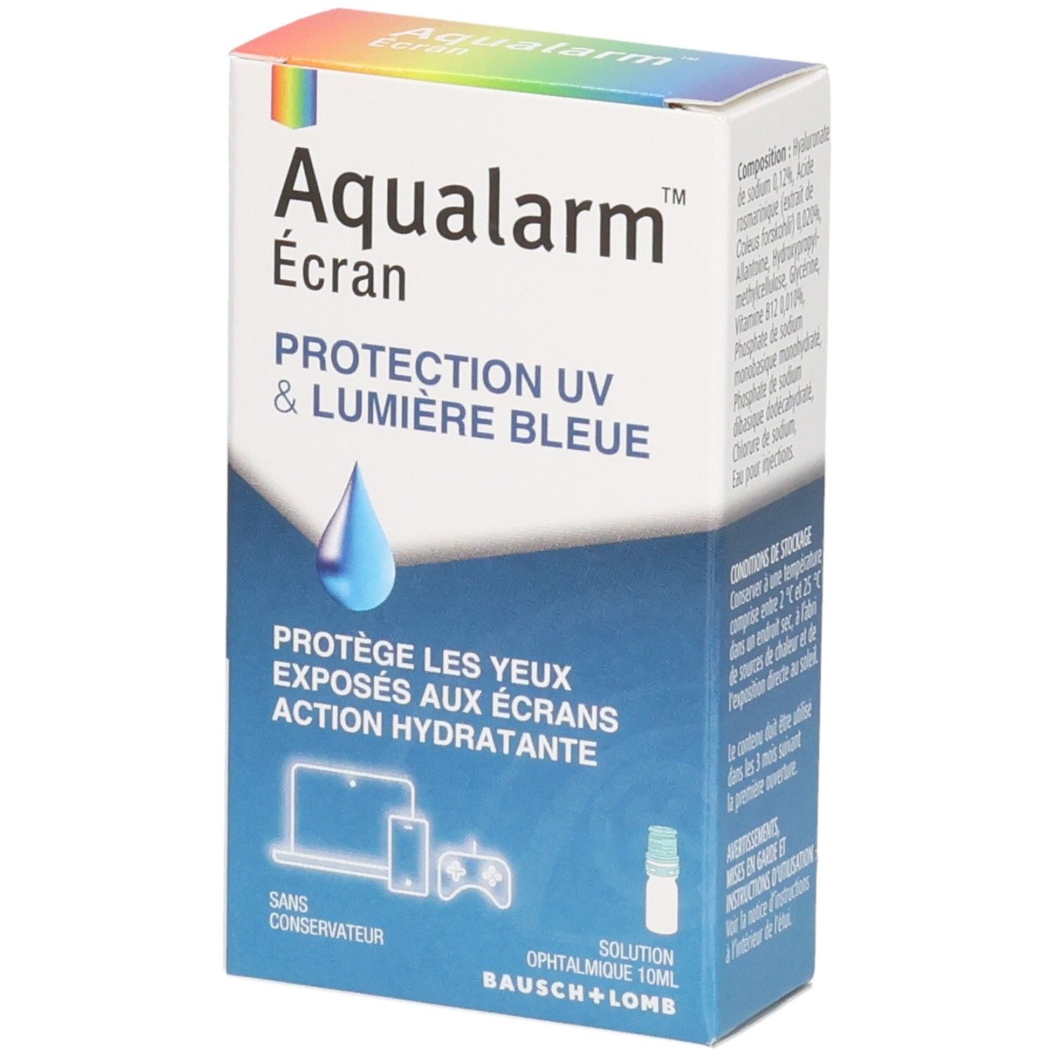 Boîte Aqualarm Écran, solution ophtalmique pour protection UV et lumière bleue.