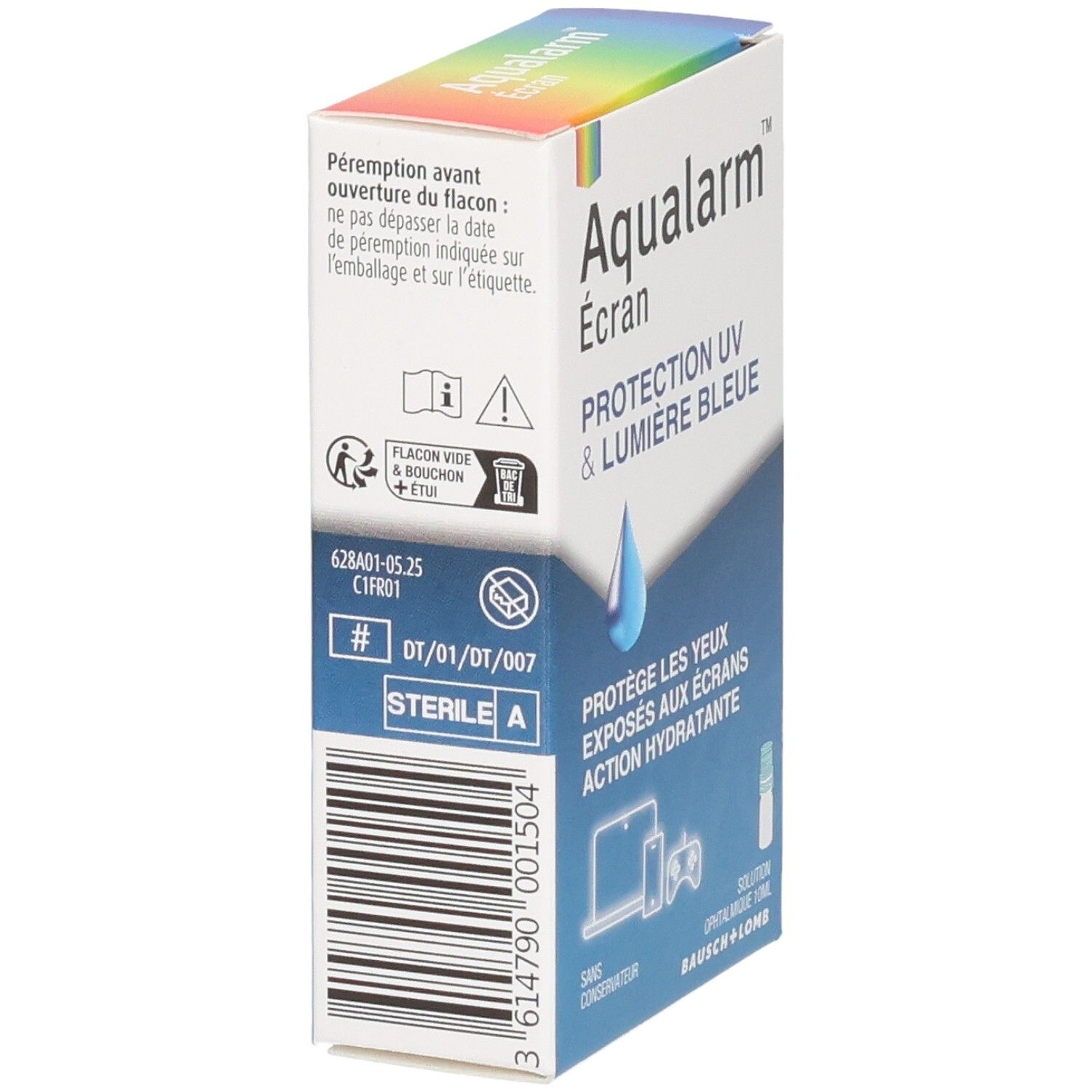 Côté de la boîte Aqualarm Écran : Stérile A, code-barres et informations.