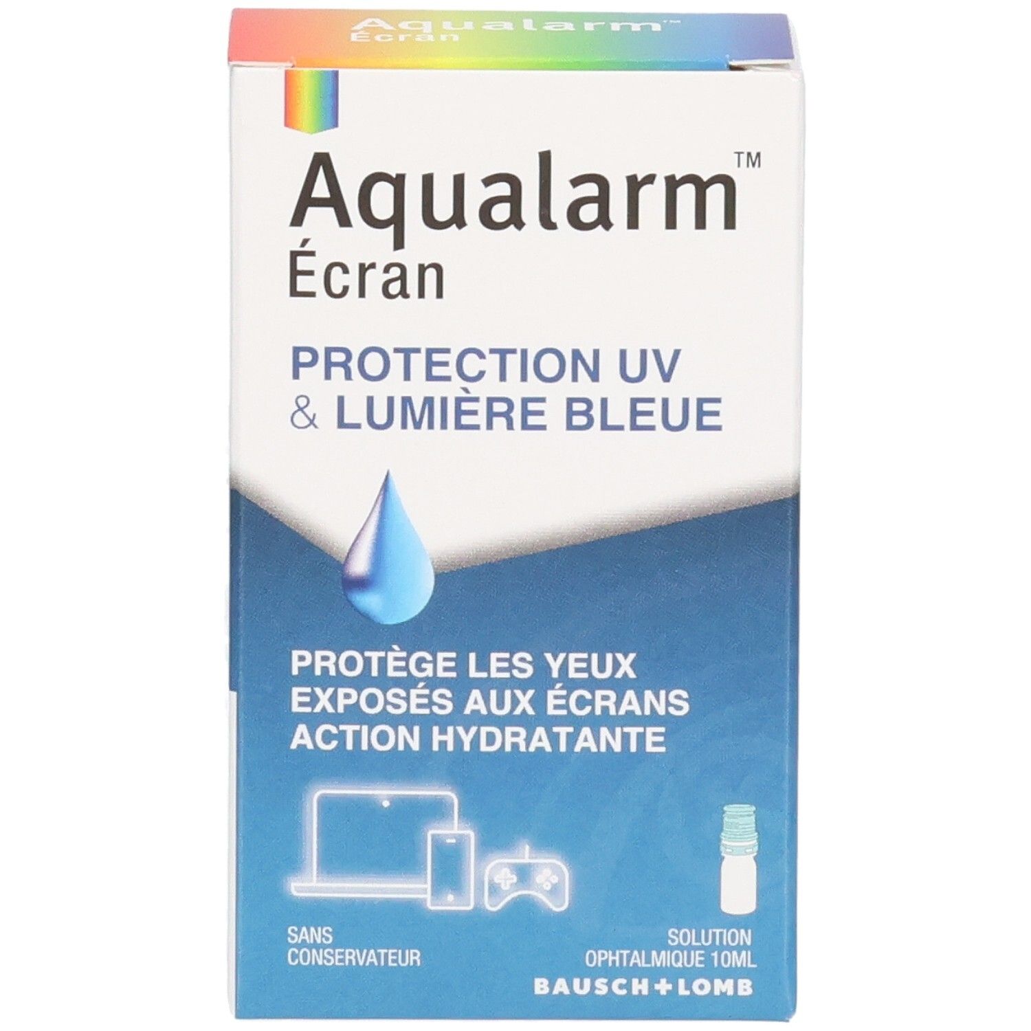 Boîte Aqualarm Écran, solution ophtalmique pour protection UV et lumière bleue.