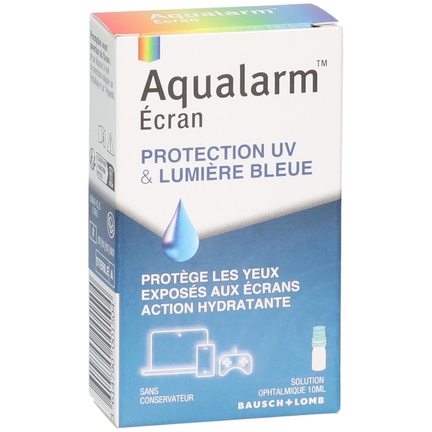 Boîte Aqualarm Écran, solution ophtalmique pour protection UV et lumière bleue.