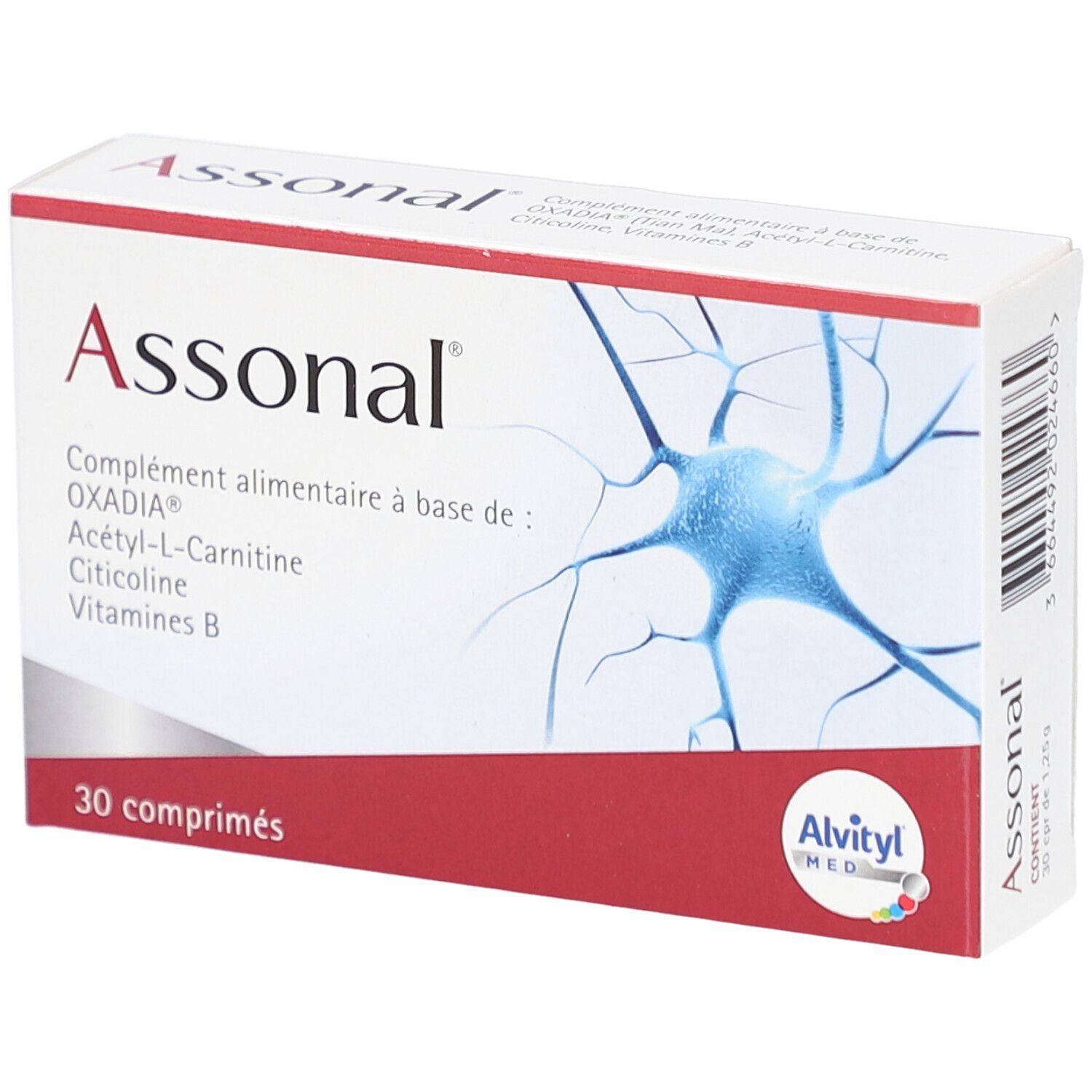 Boîte de complément alimentaire "Assonal". Contient 30 comprimés. Marque "Alvityl MED".