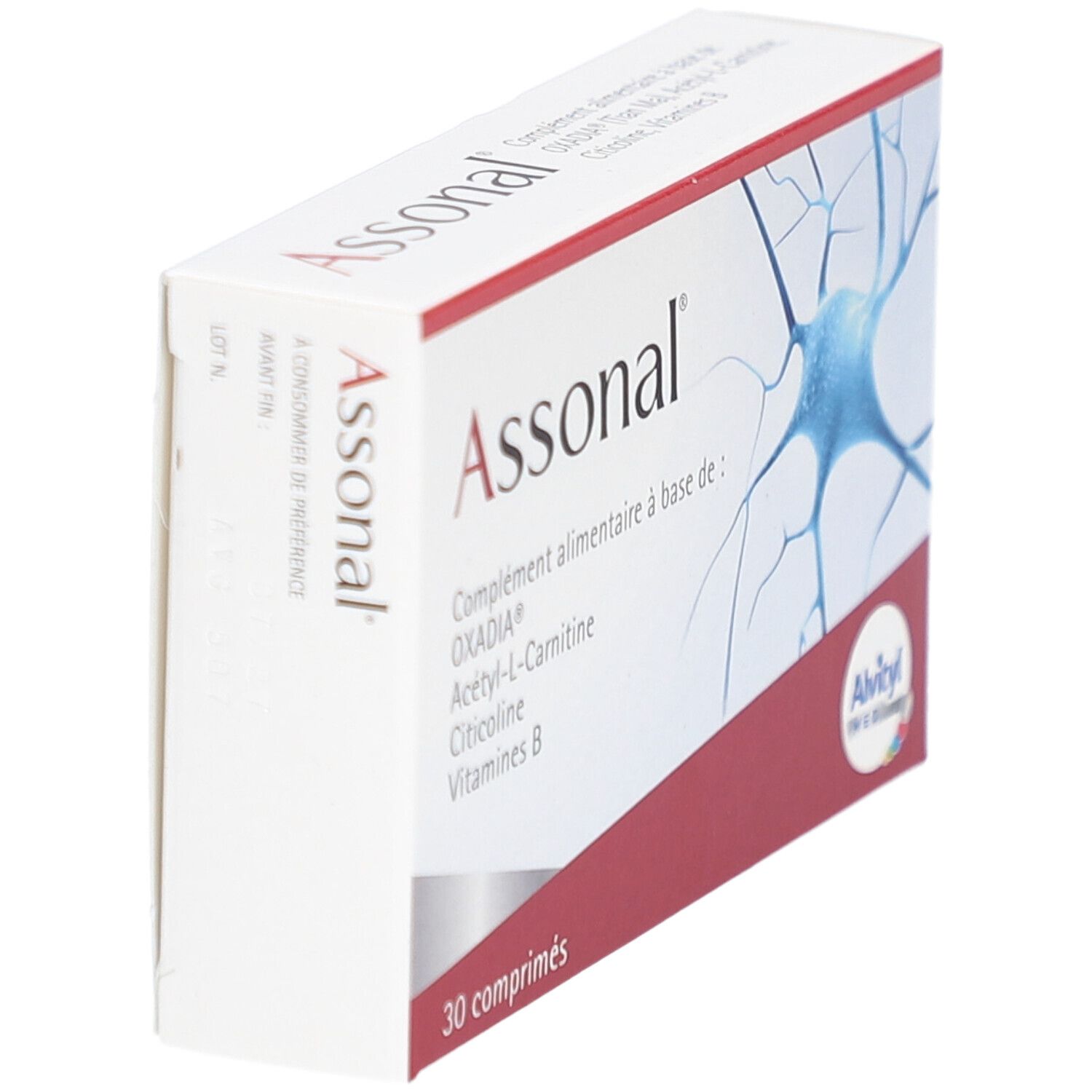 Boîte "Assonal" en biais. Marque "Alvityl MED". Contient 30 comprimés.